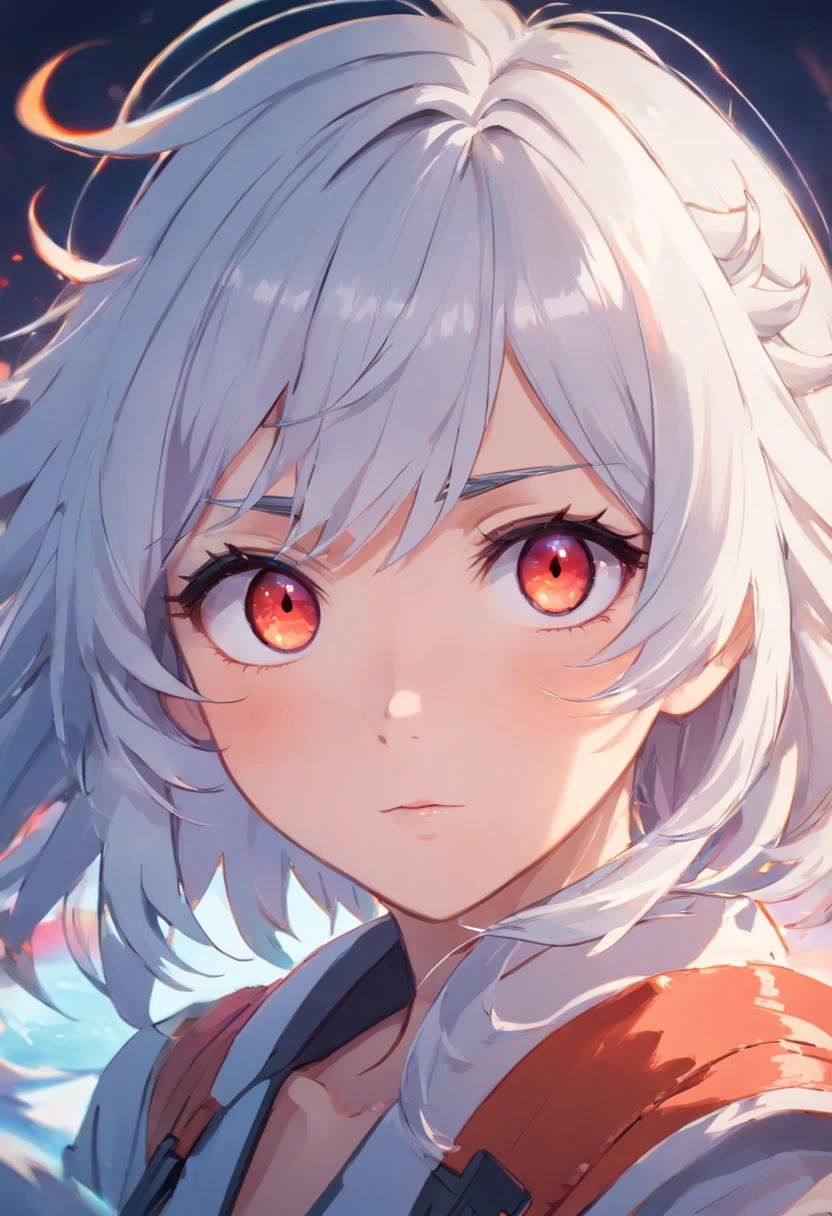anime portrait of a girl, bloodshot eyes, white hair, grey hair, multicolored hair, symmetrical face, in Date A Live style, concept art, digital painting, looking into camera, square image