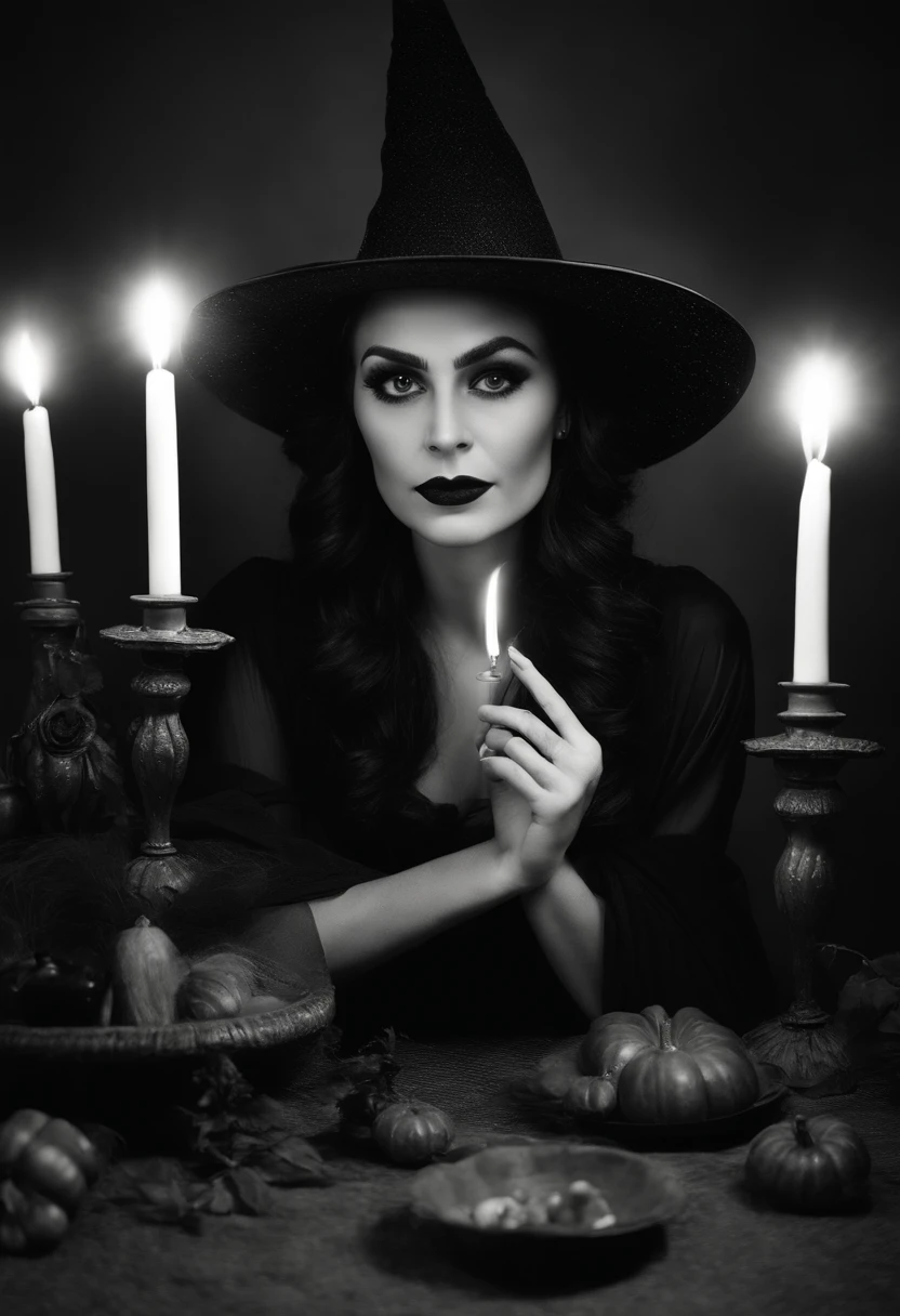 Several women in witches' costumes posing for a photo with candles, wearing the hat of the Selector character from the Harry Potter film, Bruxas, dia das bruxas, Atmosfera de Halloween, halloween celebration, black magic spells, Noite de Halloween, Roupa de bruxa, tema dia das bruxas, beautiful witch spooky female, witch foam hats, harry potter selector hat