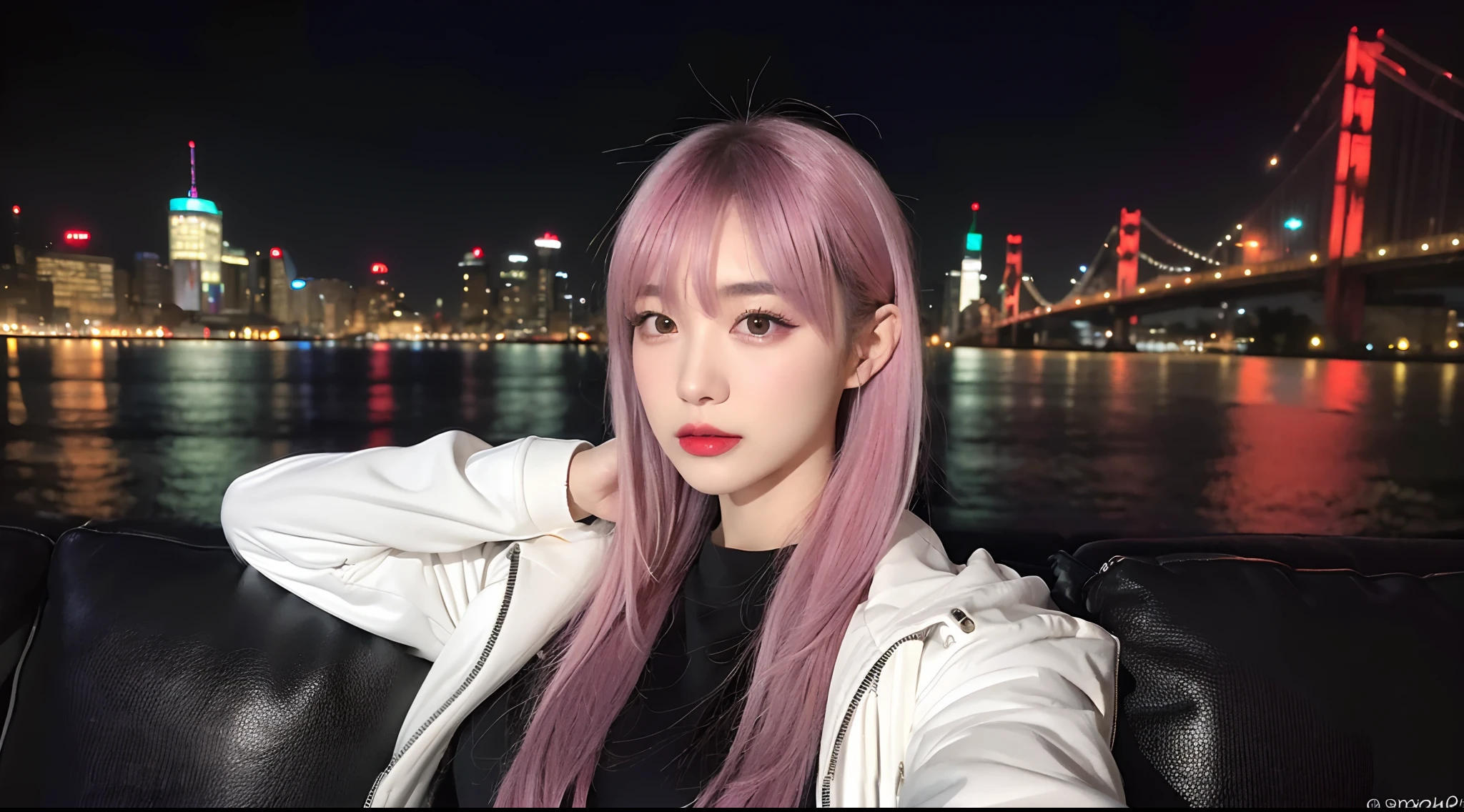 (((Lying on the couch)))，lucy \(Cyberpunk\), 1girll, hair scrunchie, hime-cut, Silver hair, colored tips, full moon, With gray eyes, Jacket, Long sleeves, view the viewer, Medium hair, O cabelo multicolorido, Bangs separated, lips parted, A pink-haired, Portrait, Red eyeliner, Redlip, Solo, White jacket, cyber punk perssonage\(Series\), Rainy night in neon-lit cyberpunk city，(A half body，中景 the scene is，Dew right shoulder)