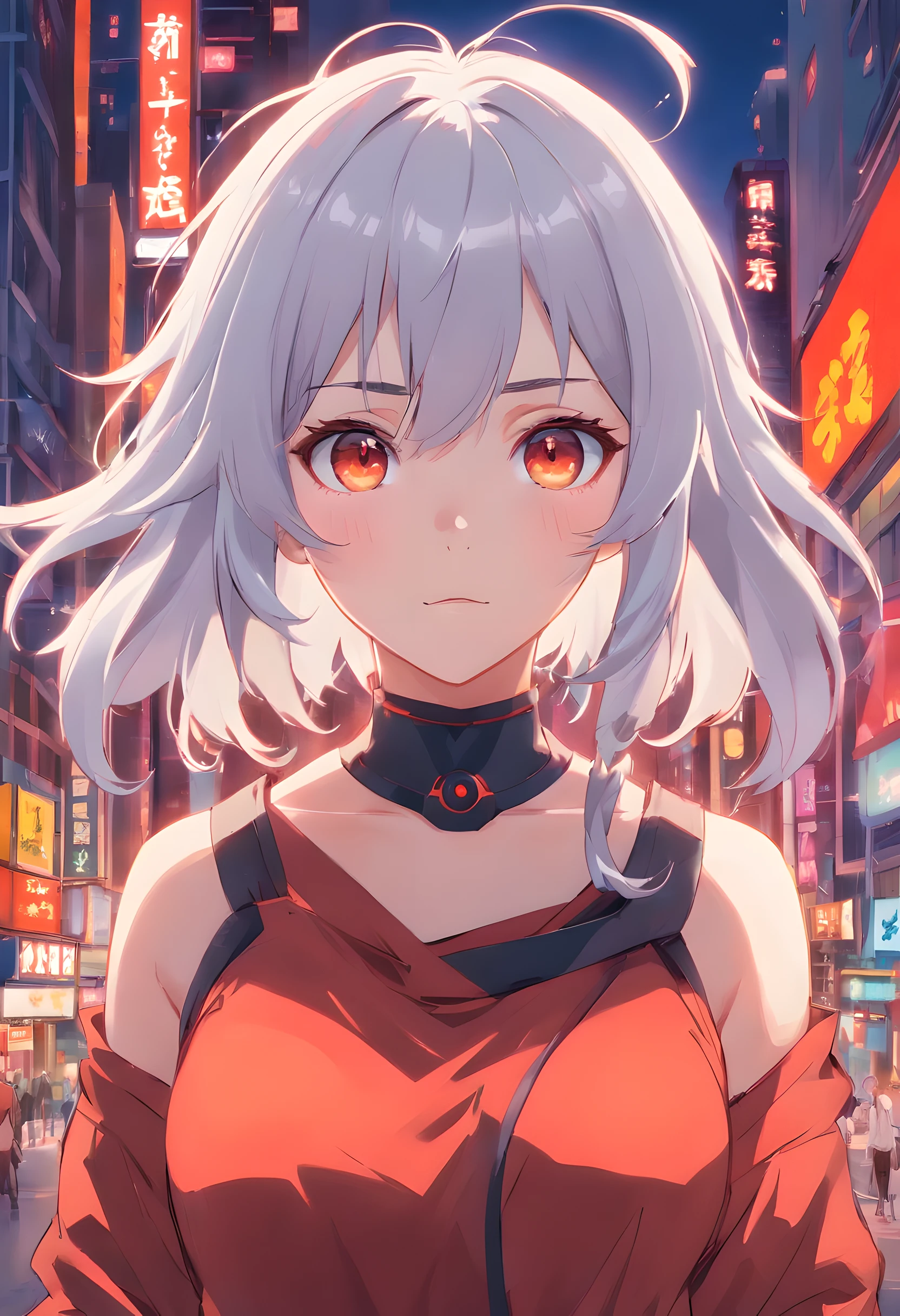anime portrait of a girl, bloodshot eyes, white hair, grey hair, multicolored hair, symmetrical face, in Date A Live style,  concept art, digital painting, looking into camera, square image