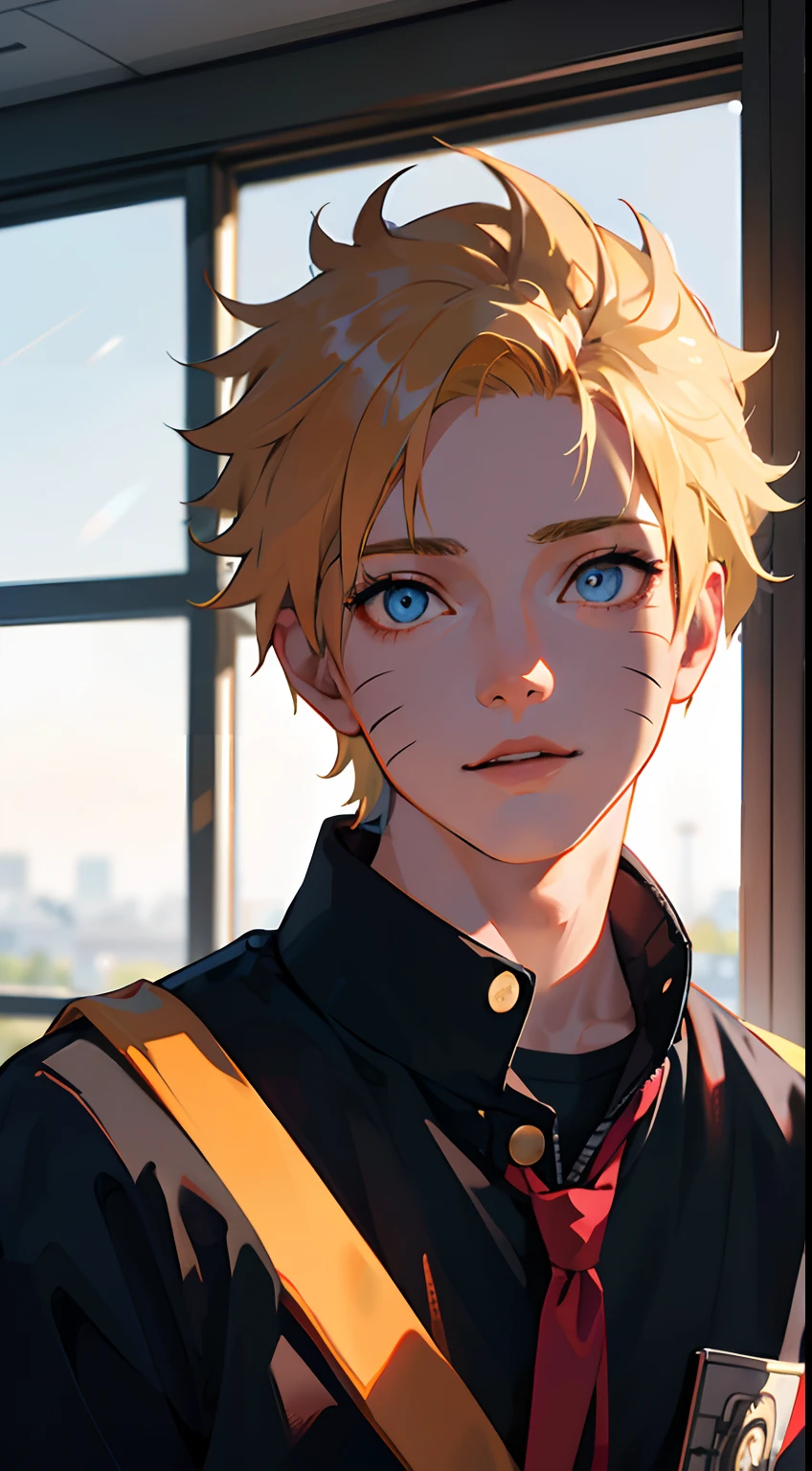 Male，man，young teenager，Young men，High school students，The background is in the classroom，School uniform，extreme hight detail，Realistic light and shadow，Sunlight comes in through the windows，facula，softlighting，soft focus，the best quality，face red，Look at the lens, short yellow hair, blue eyes, Uzumaki Naruto