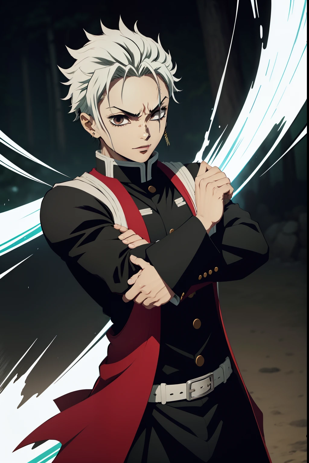 bonito jovem negro, cabelo elegante negro, Uniform demon slayer, vento, Bleach poses, espada vermelha, olhos lindos e proporcionais