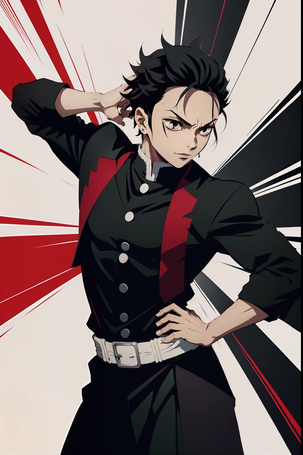 jovem negro, Uniform demon slayer, vento ao redor, Penteado Zoro, cabelos pretos, Nichirin vermelho, Lutando, Bleach poses, Olhos bonitos, happy, lindo, black eyes
