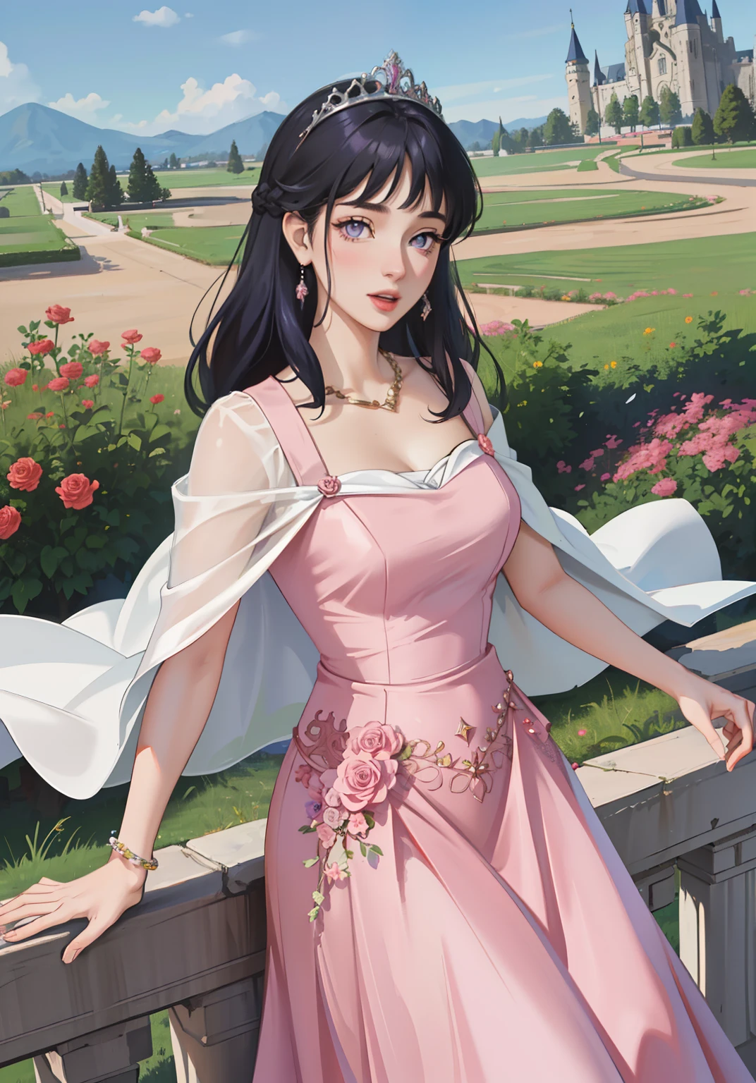 (auroraWaifu:1), surprised, beautiful pose, looking at the viewer, thick thighs, (long pink dress:1.2), (medium hair, tiara) :D, curvy, (holding a red rose:1),

(realistic: 1.2), (realism), (masterpiece: 1.2), (best quality), (ultra detailed), (8k, 4k, intricate), (full-body-shot: 1), (Cowboy-shot: 1.2), (85mm), light particles, lighting, (highly detailed: 1.2), (detailed face: 1.2), (gradients), sfw, colorful, (detailed eyes: 1.2),

(detailed landscape, garden, plants, castle: 1.2), (detailed background), detailed landscape, (dynamic angle: 1.2), (dynamic pose: 1.2), (rule of third_composition: 1.3), (line of action: 1.2), wide shot, daylight, soil, Blunt Bangs, purple eyes,dark blue hair