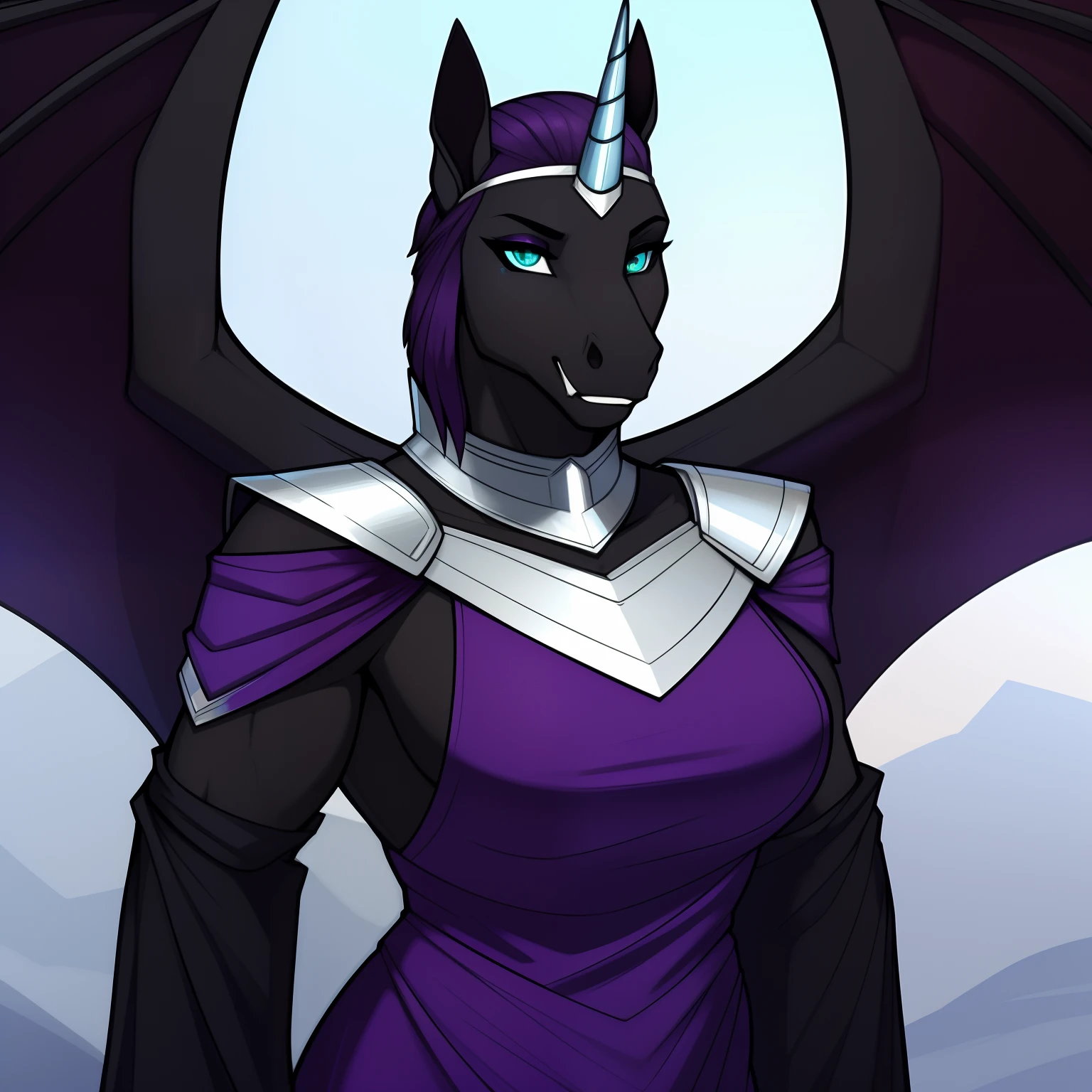 muscular_mature_unicorn female dark_purple_mane black_furry_body teal_eyes slit_pupils majestic solo Masterpiece best_quality absurdres highly_detailed gown_with_silver_trim silver_circlet silver_gorget shoulder_caplet cleanly_drawn_eyes fangs bat_wings purple_eyeshadow horse_snout anthro_only by_claweddrip, by_greasymojo, by_underscore-b, by_runawaystride