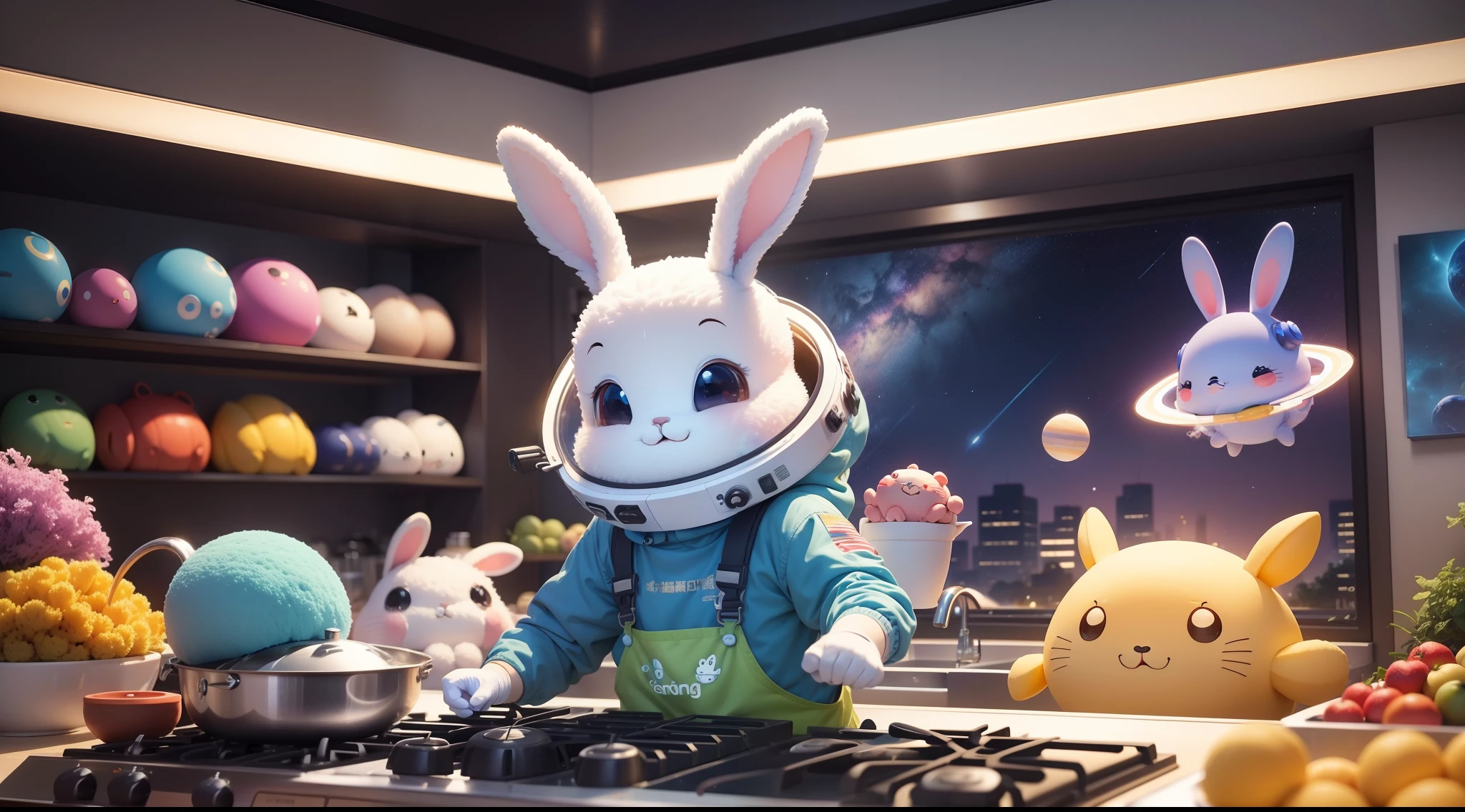 Show on the《Space Rabbit Adventures》Curly，Space rabbits with their lively and cute image，Cook rice in the kitchen、Supermarket shopping and gym workouts，Brings laughter and inspiration to humanity。Let's accompany the space rabbit to explore this interesting and colorful world！