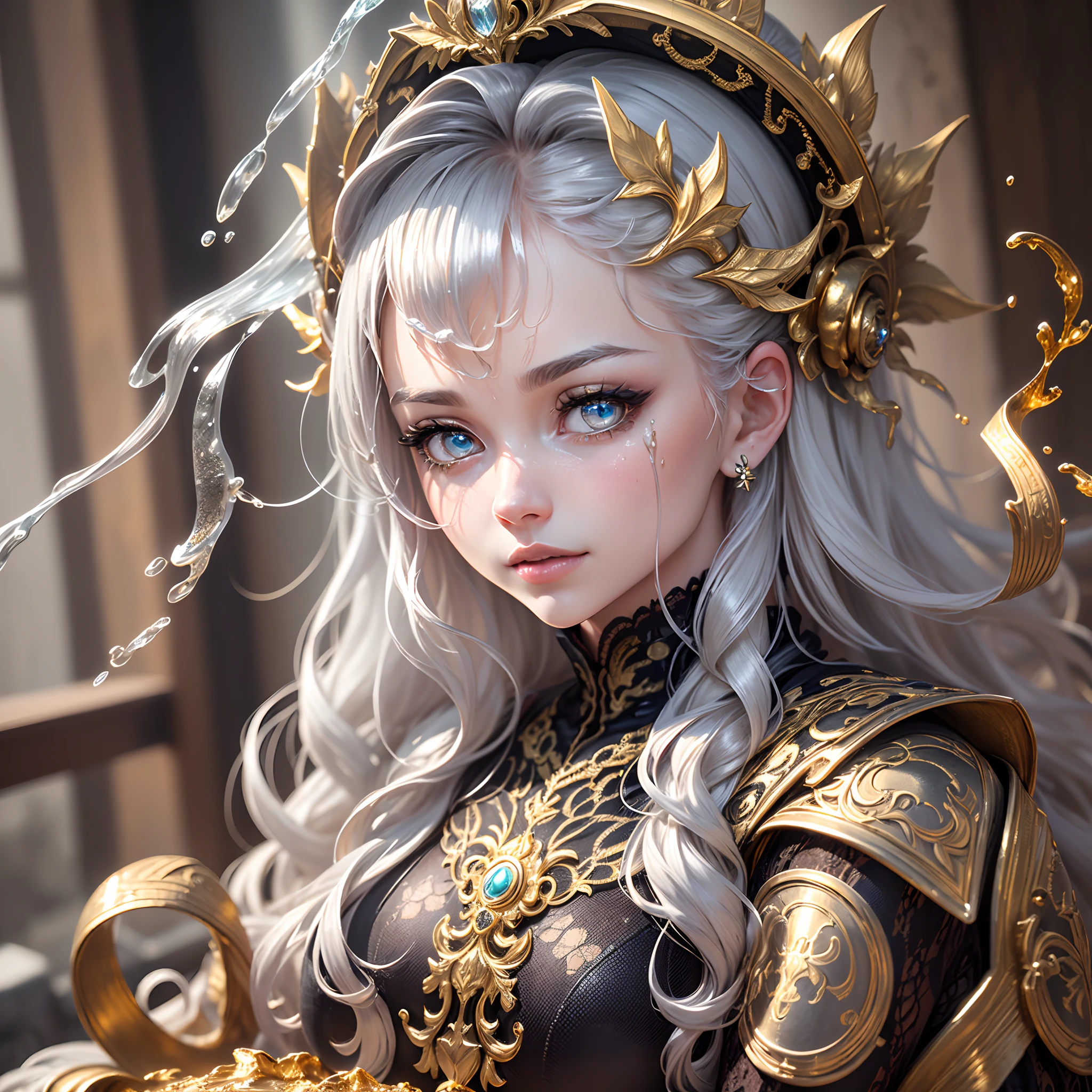 dragonpunk dungeoncore masterpiece, perfect face, Nigerian, best quality, best quality, Amazing, beautiful detailed eyes,((1girl)), finely detailed, Depth of field, extremely detailed CG unity 8k wallpaper, full body,(other Minato aqua), (((a girl wears Clothes with a silver texture)))，((Extremely gorgeous metal style))，((Metal crown with ornate stripes))，((((Various metals background))))，Sputtered molten iron,(floating hair),((Hair like melted metal)),(((detailed face))), (((detailed eyes))),(((Clothes made of silver))),(((Clothes with gold lace))),((full body)),((((flowing gold and silver)))),(((((everything flowing and melt))))),(((((flowing iron))))),(((((flowing silver))))),((((lace flowing and melt)))) --auto --s2