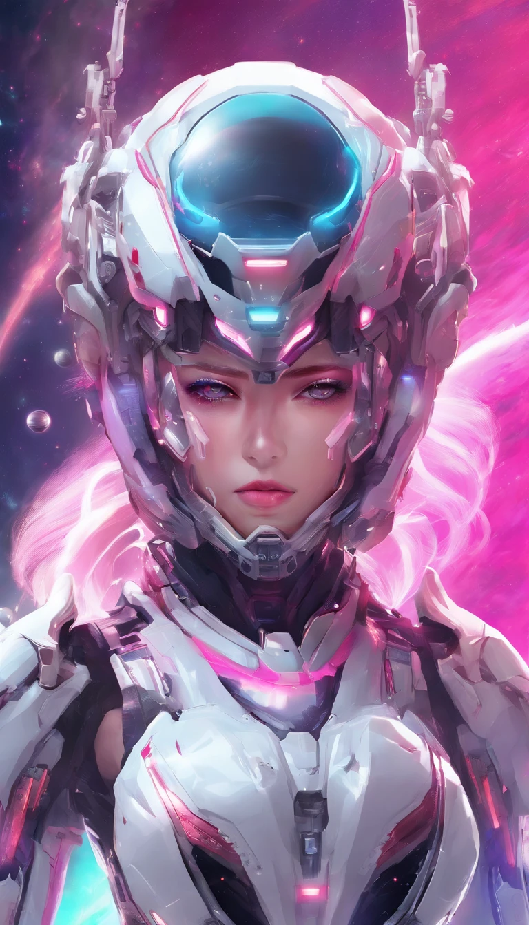Pink and white hair and pink and white helmet in Arafs, Detailed digital anime art, Best anime 4k konachan wallpaper, anime mecha aesthetic, 4k highly detailed digital art, robot mecha female dragon head, wlop and krenz cushart, highly detailed anime, mecha asthetic, advanced digital anime art