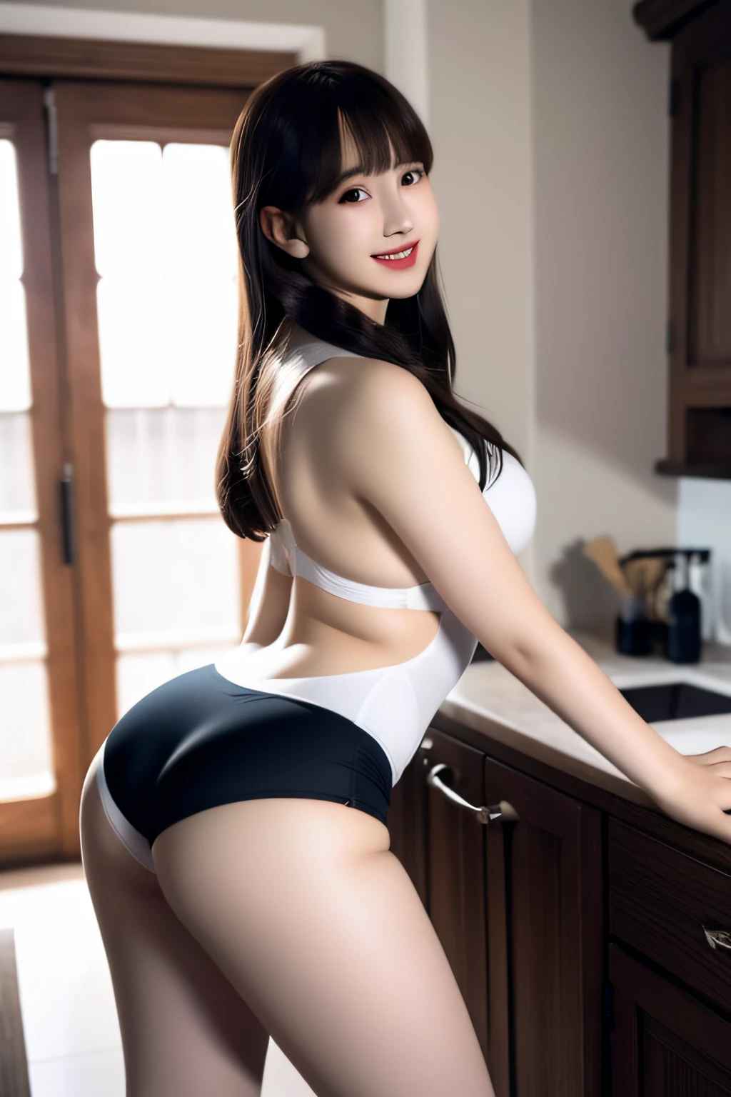 Enamel Bodycon、Bodysuits、Long body、Braids、Underpants、Butt sticking out pose、a miniskirt、Full smile