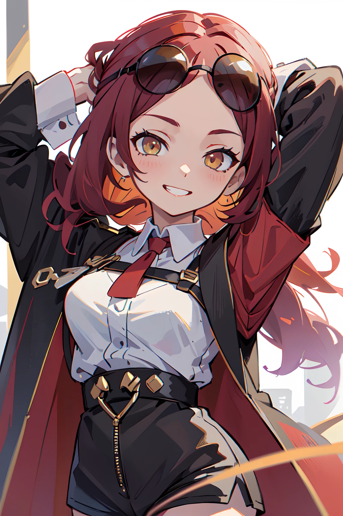 1girl, young woman, solo, long hair, big hair, (forehead:1.13), (round sunglasses:1.2), yellow eyes, scarlet red hair, medium breasts, grin, (overcoat, black coat, open coat:1.2), white shirt, collared shirt, (chest harness, shoulder strap:1.15), black leather shorts, garter belt, gloves, elegant, arms up behind head, ((hands behind head)), looking at viewer, standing, (close-up:1.3), face only, cowboy shot, masterpiece, best quality, 4k