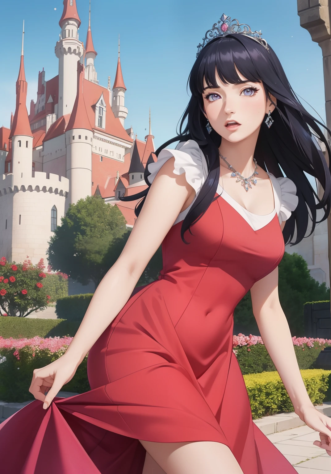 (auroraWaifu:1), surprised, beautiful pose, looking at the viewer, thick thighs, (long pink dress:1.2), (medium hair, tiara) :D, curvy, (holding a red rose:1),

(realistic: 1.2), (realism), (masterpiece: 1.2), (best quality), (ultra detailed), (8k, 4k, intricate), (full-body-shot: 1), (Cowboy-shot: 1.2), (85mm), light particles, lighting, (highly detailed: 1.2), (detailed face: 1.2), (gradients), sfw, colorful, (detailed eyes: 1.2),

(detailed landscape, garden, plants, castle: 1.2), (detailed background), detailed landscape, (dynamic angle: 1.2), (dynamic pose: 1.2), (rule of third_composition: 1.3), (line of action: 1.2), wide shot, daylight, soil, Blunt Bangs, purple eyes,dark blue hair