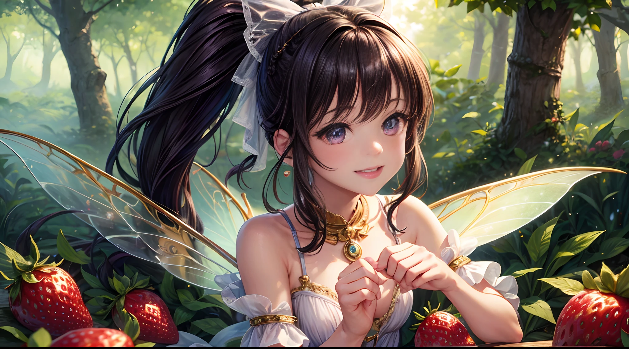 ( Absurd, High quality, ultra-detailed, masterpiece, concept art, smooth, highly detailed artwork, hyper-realistic painting ) , tiny little girl, Strawberries, cute, whole body, Romantic, Vivid, dreamy, fantasy, fairy wings, in the forest, enchanting glow, very detailed art, reveal clothes, sexy lace underwear,  transrarrent clothnes, perky niples,  deep eyes, ponytail, big ponytail bow, playful, mischievous, smile