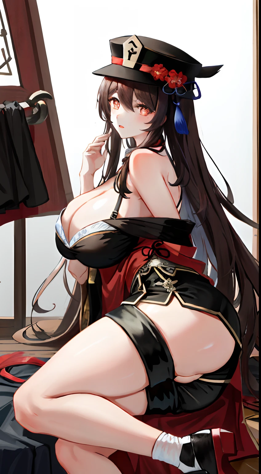 tmasterpiece,Need,1girl,hu tao(the original god),Bou Tao,Hats,red - eyed,dual horsetail,A brown-haired,独奏,symbol-shaped pupils,long whitr hair,By bangs,Black shorts,Hanfu,semi-bare,Sexy big ass,Fiddling with sexy ass,Expose sexy breasts,The kinky is exposed ,Protruding anteriorly and posteriorly,gigantic cleavage breasts