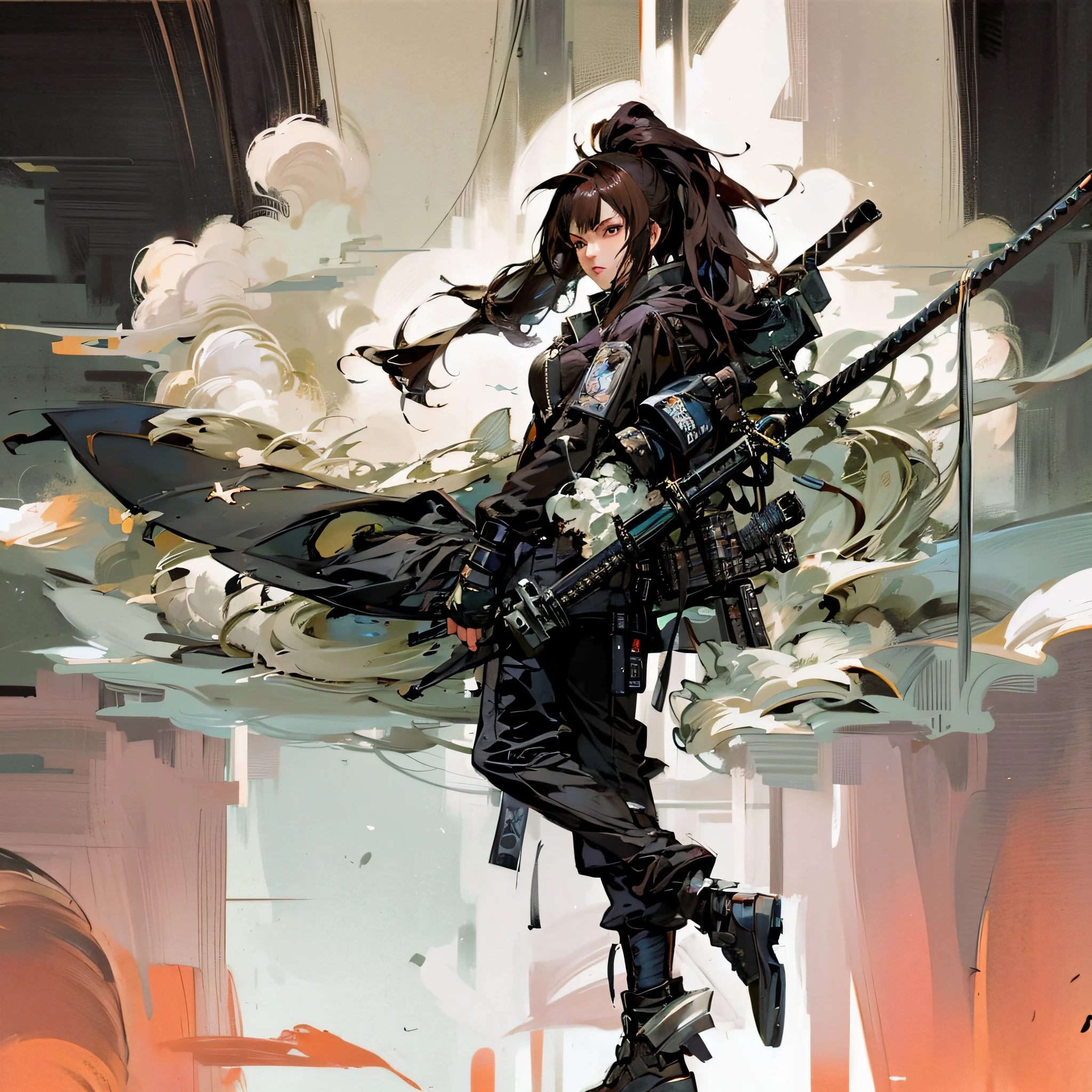 Anime - illustration in the style of a woman with a gun in a city, krenz cushart and wenjun lin, guweiz on artstation pixiv, guweiz, guweiz on pixiv artstation, very beautiful cyberpunk samurai, in yoji shinkawa's art style, tsutomu nihei art, by Yang J, Benedic Bana