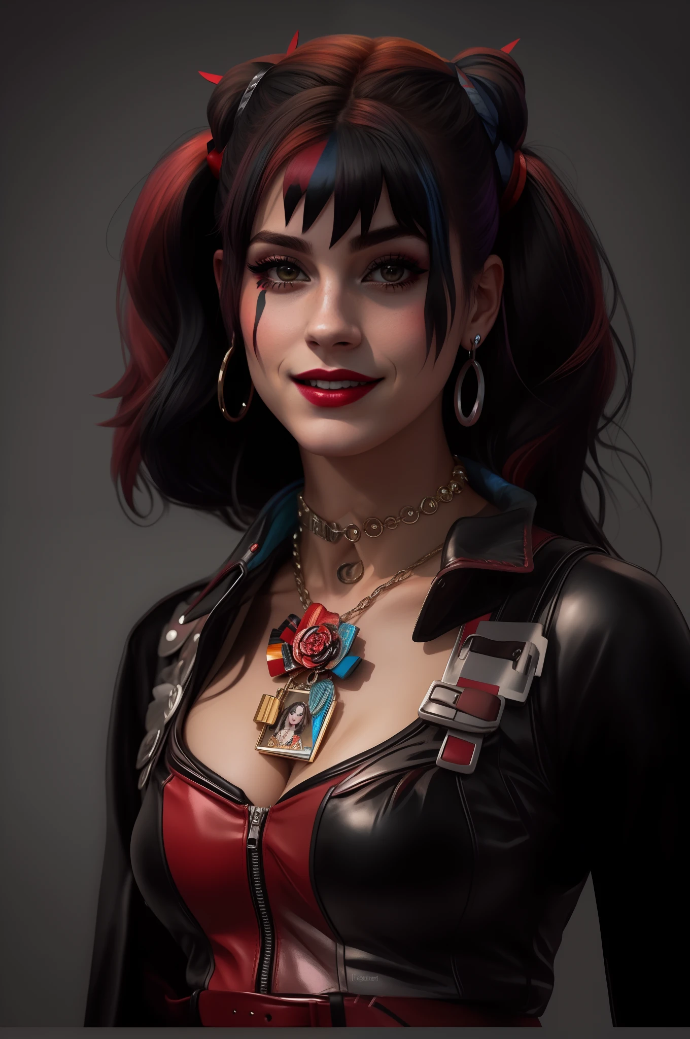 Araffe vestida como Harley com uma peruca colorida e um colar, Retrato de Arlequina, Arlequina, de Arlequina, Harley Rainha, Harley Quinn standing, Trending in ArtStation 4K, Emma Watson como Arlequina, Cosplay em Black Harley Queen, trending on artstation hd, 8k portrait render, 8K Artgerm Bokeh, she is laughing