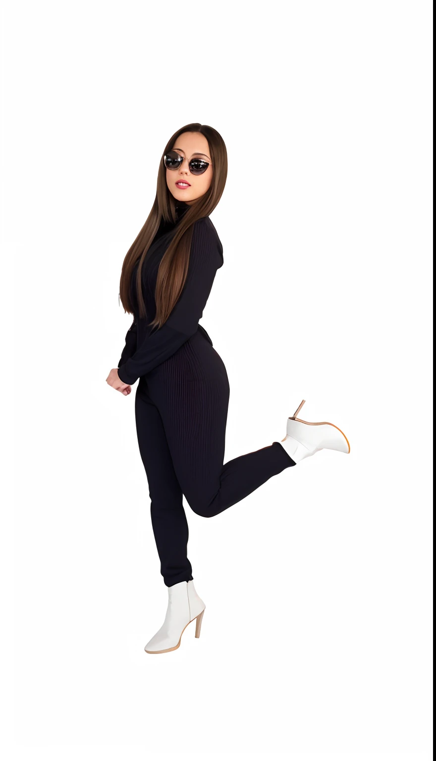 um close up de uma mulher com uma roupa preta e botas brancas, roupa apertada, usando roupas pretas apertadas, comprimento de corpo inteiro, full body photoshoot, vestindo terno apertado, wearing a track suit, traje apertado, mulheres de corpo inteiro, wearing a tracksuit, Altura total do corpo inteiro, Pose casual, imagem de corpo inteiro, corpo inteiro!, roupas pretas estanques, corpo inteiro; cartoon