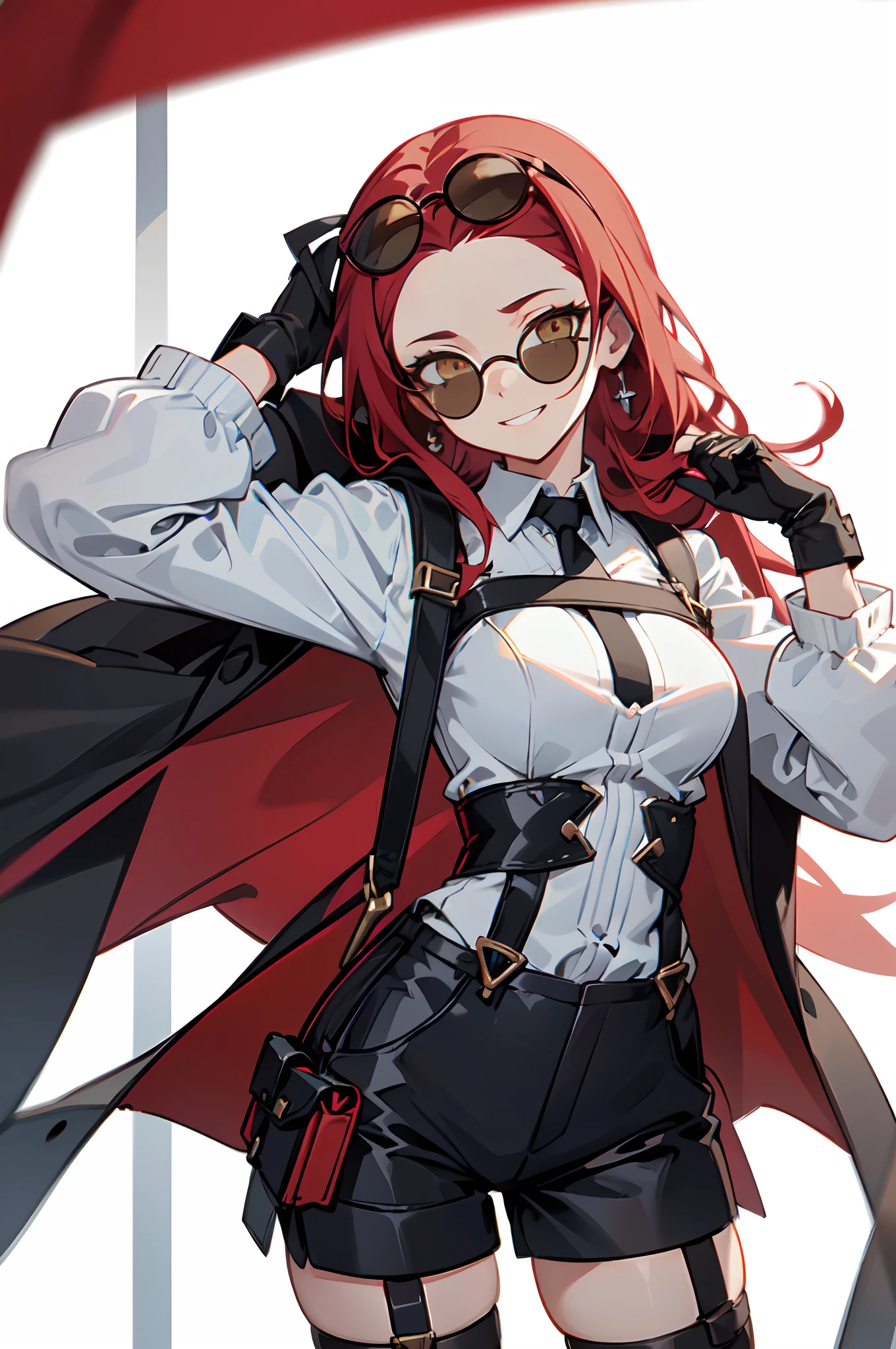 1girl, young woman, solo, long hair, big hair, (forehead:1.13), (round sunglasses:1.2), yellow eyes, scarlet red hair, medium breasts, grin, (overcoat, black coat, open coat:1.2), white shirt, collared shirt, (chest harness, shoulder strap:1.15), black leather shorts, garter belt, gloves, elegant, arms up behind head, ((hands behind head)), looking at viewer, standing, (close-up:1.3), face only, cowboy shot, masterpiece, best quality, 4k