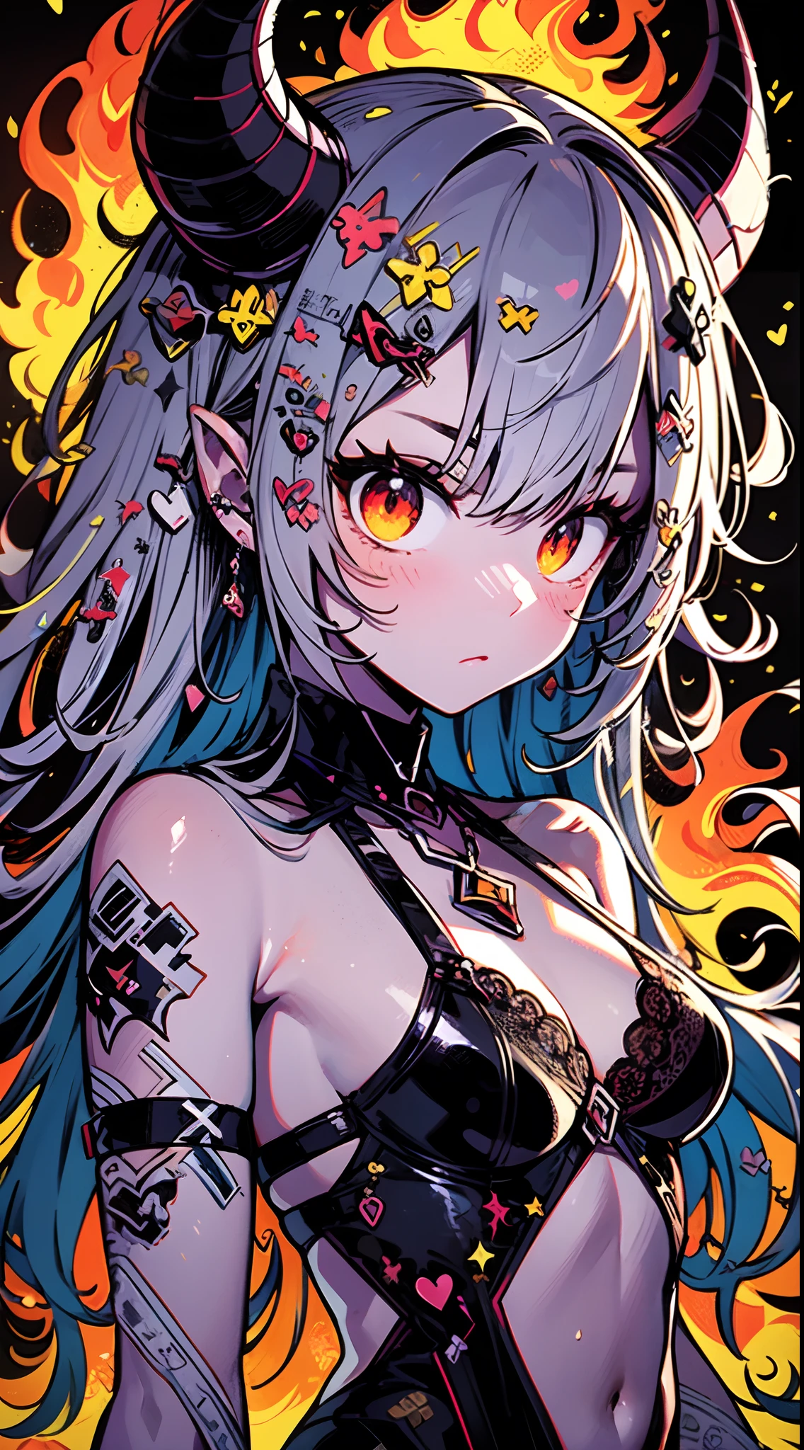 masterpiece, best quality, ultra detailed, beautiful shading, cinematic ligthing, studio lights, cute, kawaii, girl made out of flames, monster girl, she has 3 horns, one is glowing red,  fire, destruction, anger, mystery , eerie, adakjda, 000