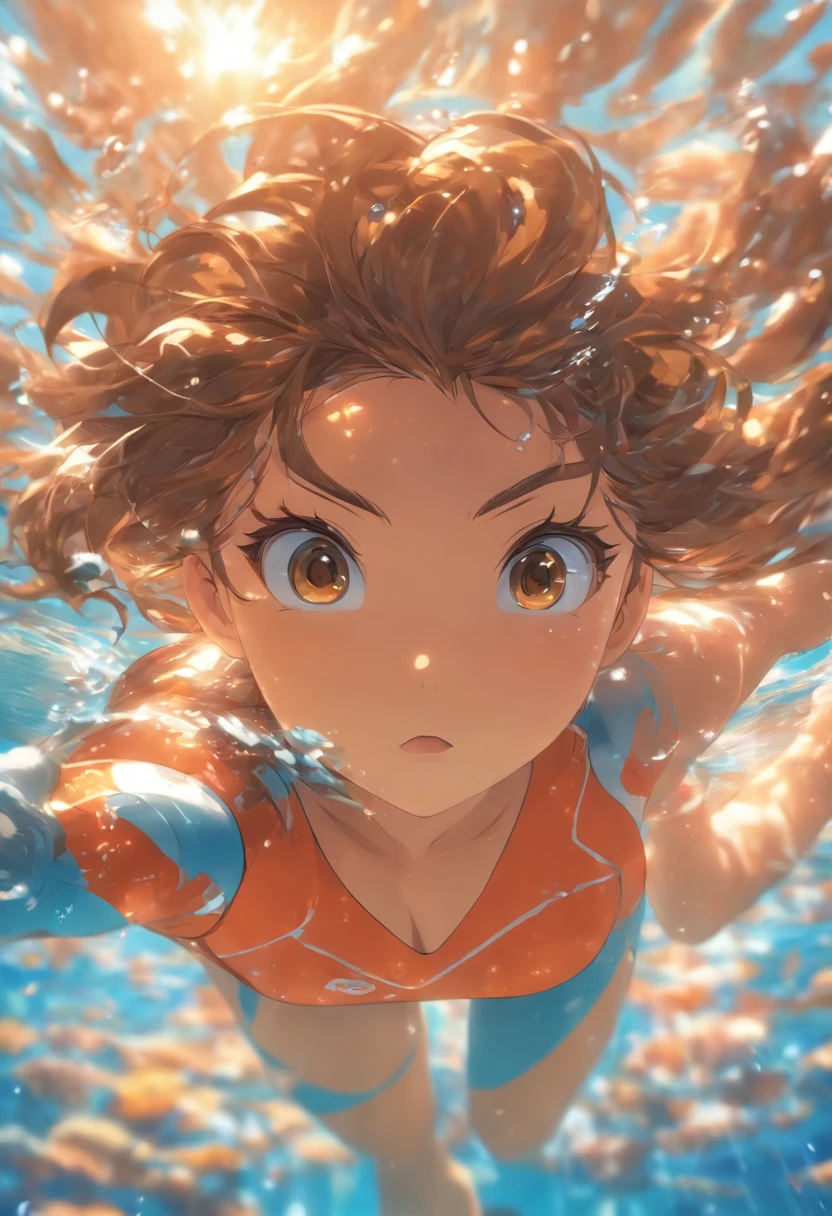 foreshortening, depth of field, masterpiece, best quality, 1girl, brown hair, brown eyes, long hair, underwater, air bubble, solo, looking at viewer, school swimsuit, swimming, dappled sunlight,