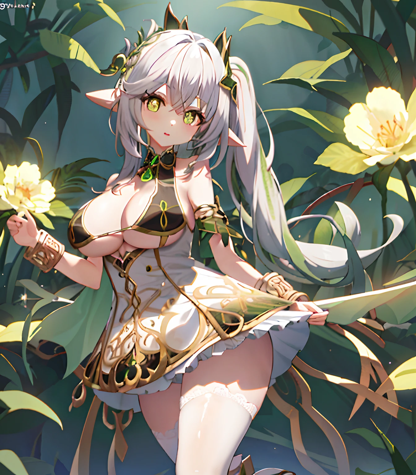 tmasterpiece，Best quality at best，1girl，独奏，nahida_genshin，cross-shaped pupils，default_dress，standing on your feet，Huge breasts，semi-bare，huge tit，Expose sexy，Expose breasts semi-naked，Sexy big ass，Fiddling with sexy ass，Expose sexy breasts，The kinky is exposed ，Protruding anteriorly and posteriorly，gigantic cleavage breasts