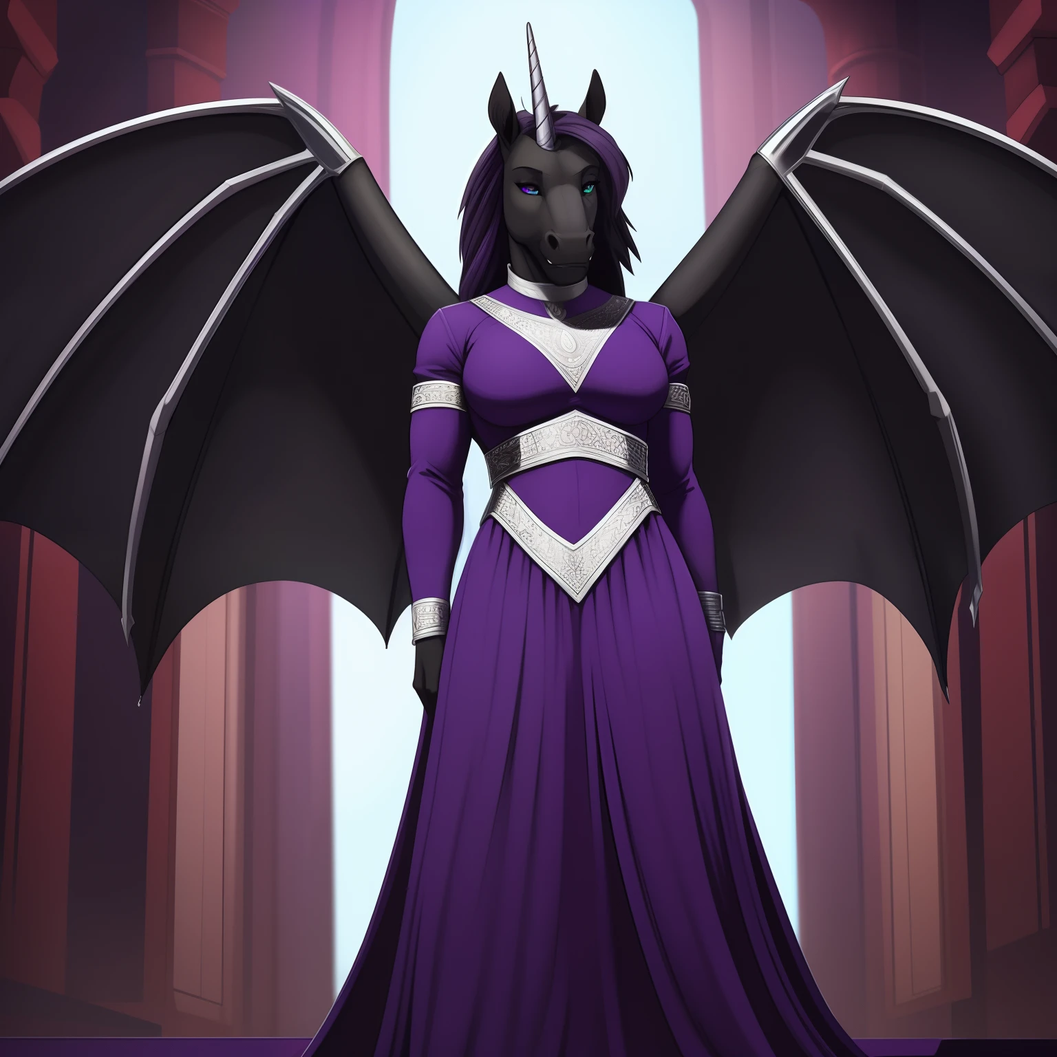 muscular_mature_unicorn female dark_purple_mane black_furry_body teal_eyes slit_pupils majestic solo Masterpiece best_quality absurdres highly_detailed gown_with_silver_trim silver_circlet silver_gorget cleanly_drawn_eyes fangs bat_wings purple_eyeshadow horse_snout anthro_only by_claweddrip, by_greasymojo, by_underscore-b, by_runawaystride