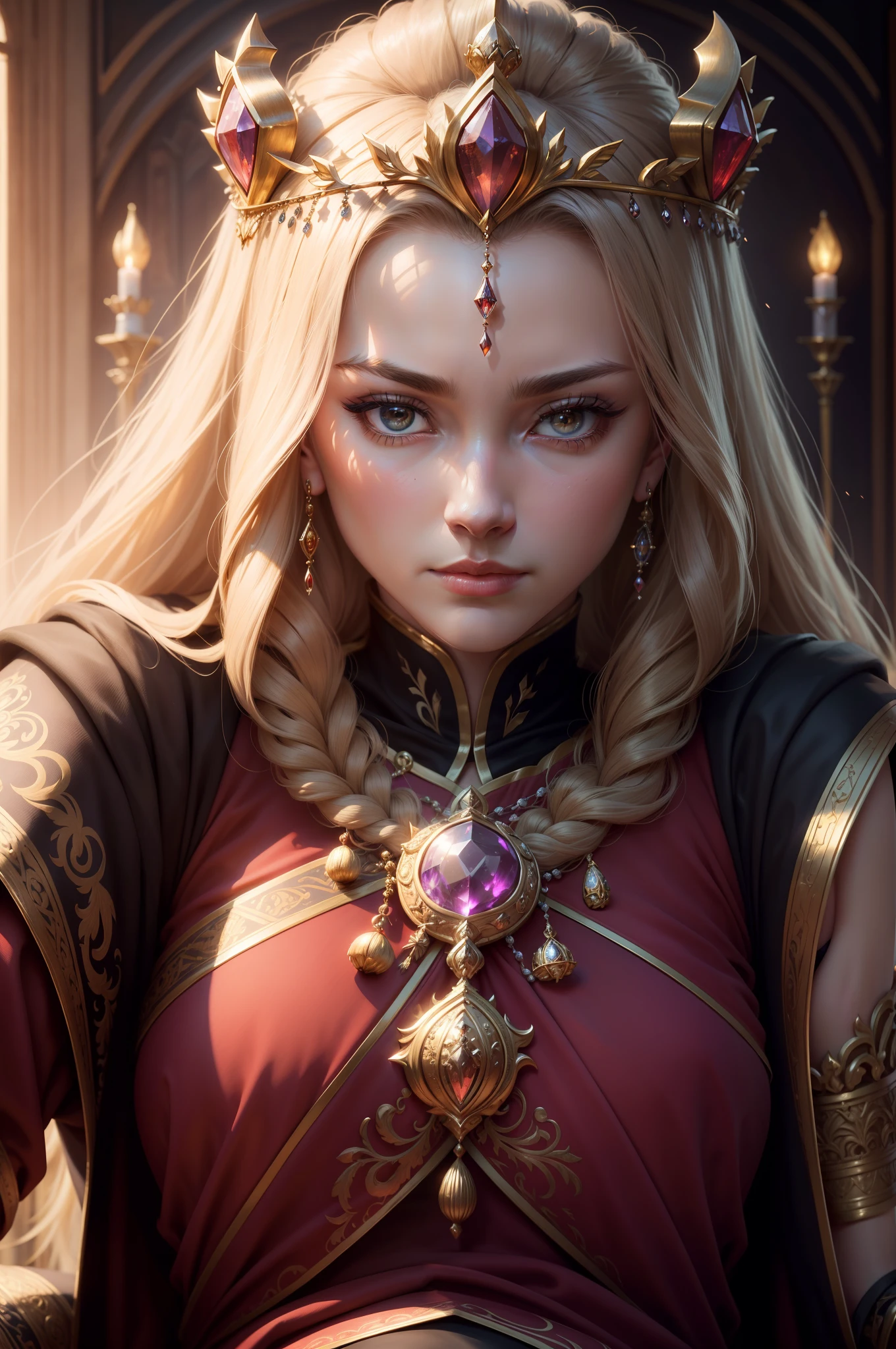 best qualtiy，tmasterpiece，detaileds，intricate-detail，Realistic movie lighting，（Fantasyart：1.6），（Seiza：1.1），（frontage：1.2），erect through，royal，An majestic，A queen，empress，（Huge and magnificent seats：1.4），tiara crown，Front close-up，Stately，souls，upright posture，Serious，dignity，Sight Front，Contemplative，Weight substance，Sceptre，jewely，独奏，a medieval castle，Velvet Carpet，godrays，1 woman　8K,