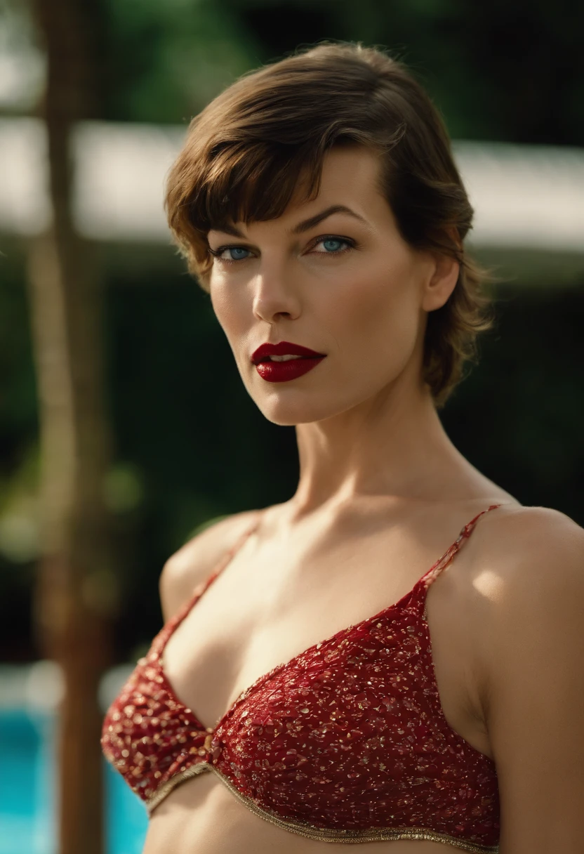 milla jovovich as adult star. Standing near swimming pool in mini skirt without shirt. Looking at the camera with seductive eyes and biting lips with red lipstick. And showing her sexy ass.
