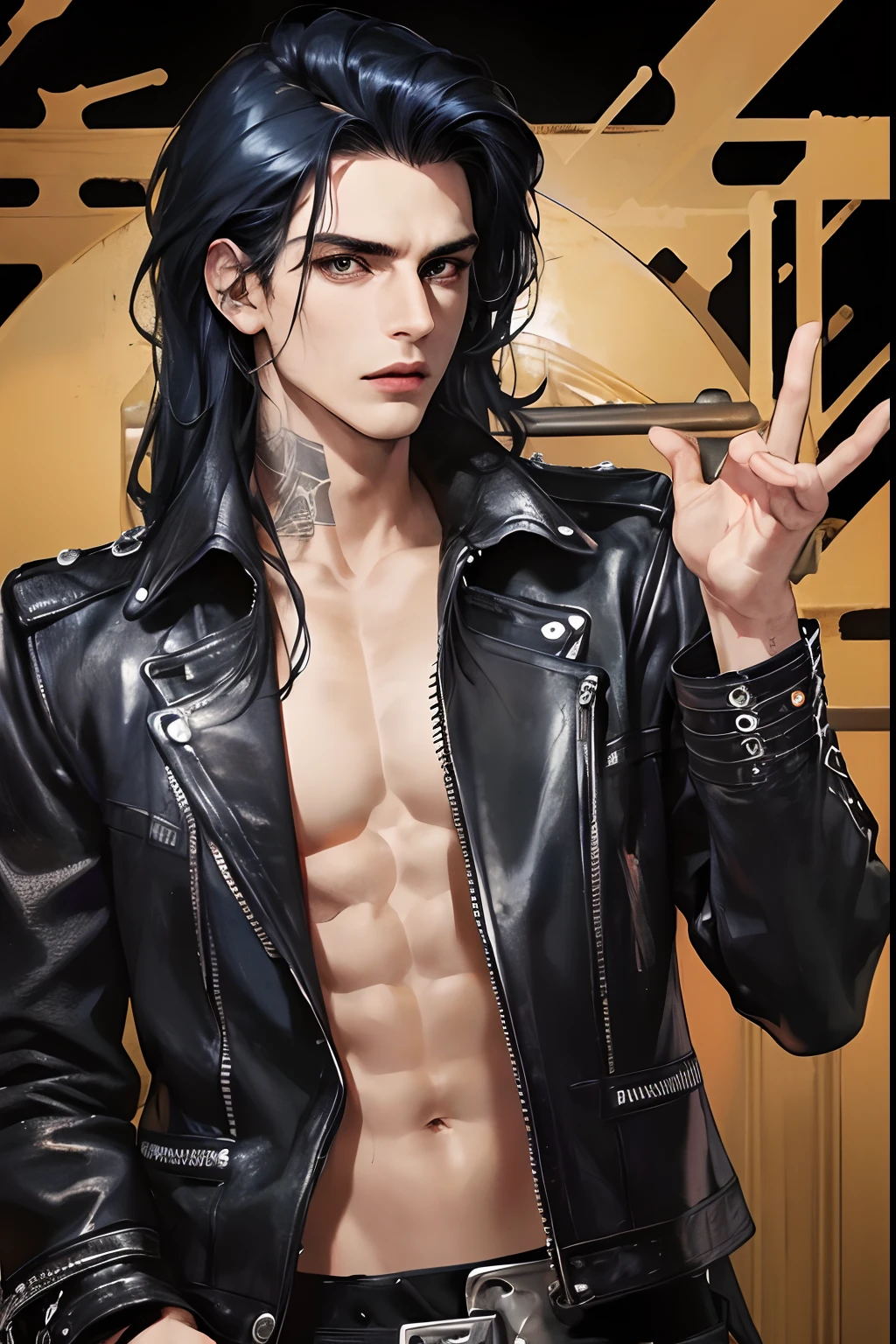 cover for a book, photography of a heavy metal star, a solo man, (((man))), (masculine face), 25 years old, singer, bad boy, (black eyes), expressive look, long dark blue black hair, (((bar background))), straight hair, blueshine hair, unshaven, black leather jacket, long sleve jacket, leather pants, chest tattoo, super detailed face, perfect body, perfect shapes, realistic image, award winning photography, 8k,