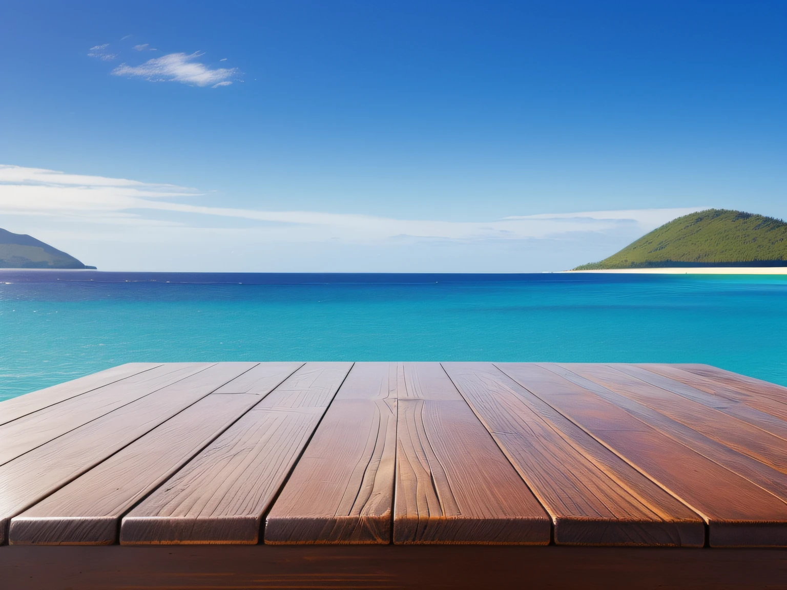Wooden table on the background of the sea, island and the blue sky. High quality photo