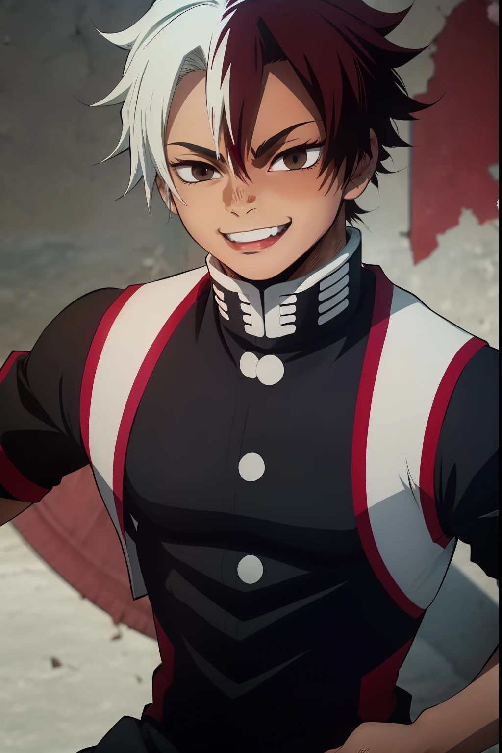 jovem negro, Uniform demon slayer, vento ao redor, Penteado todorok, cabelos pretos, Nichirin vermelho, Lutando, Bleach poses, Olhos bonitos, happy, lindo, black eyes, smile