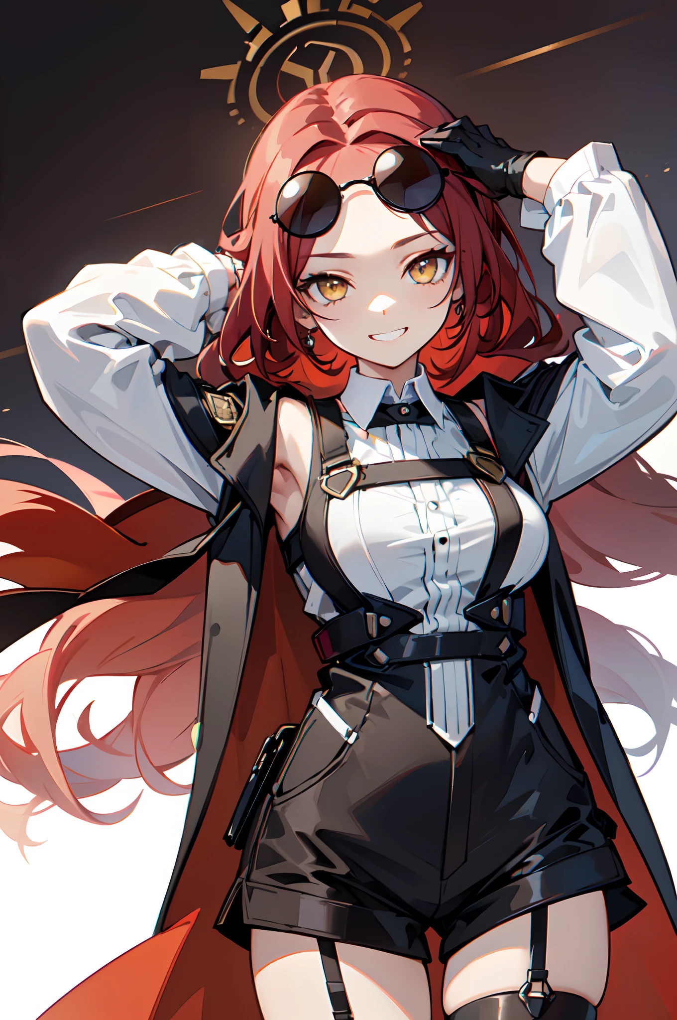 1girl, young woman, solo, long hair, big hair, (forehead:1.13), (single round sunglasses:1.2), yellow eyes, scarlet red hair, medium breasts, grin, (overcoat, black coat, open coat:1.2), white shirt, collared shirt, (chest harness, shoulder strap:1.15), black leather shorts, garter belt, gloves, elegant, arms up behind head, ((hands behind head)), looking at viewer, standing, (close-up:1.3), face only, cowboy shot, masterpiece, best quality, 4k