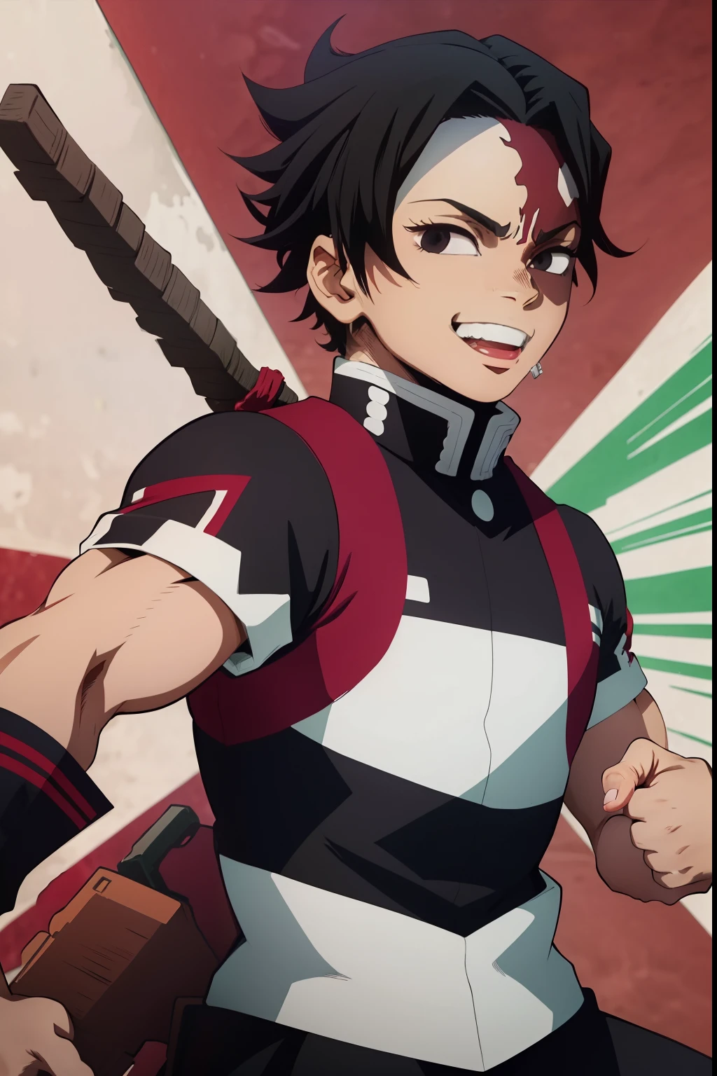 jovem negro, Uniform demon slayer, vento ao redor, Penteado todorok, cabelos pretos, Nichirin vermelho, Lutando, Bleach poses, Olhos bonitos, happy, lindo, black eyes, smile