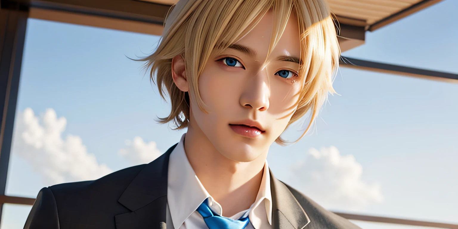 Anime character with blond hair and blue eyes in suit, Smooth Anime CG Art, Detailed Digital Anime Art, kawaii realistic portrait, photorealistic anime, detailed anime soft face, painted in anime painter studio, high detailed face anime, anime highly detailed, digital anime illustration, semi realistic anime, Realistic anime art style, Tall anime guy with brown eyes, anime style portrait, Mushroom cut hair