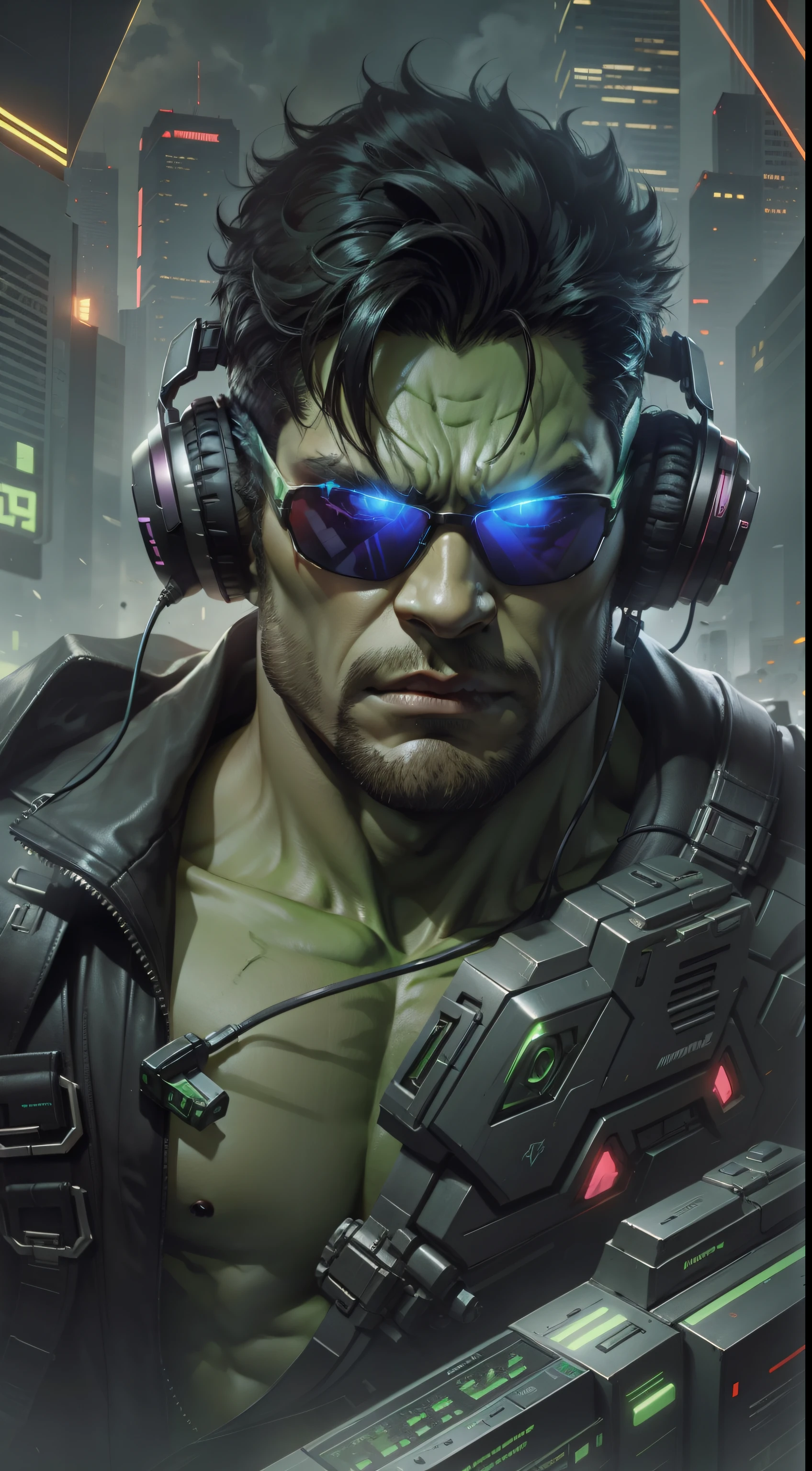 Hulk Synth wave, sunglass color, headphones, tech wear