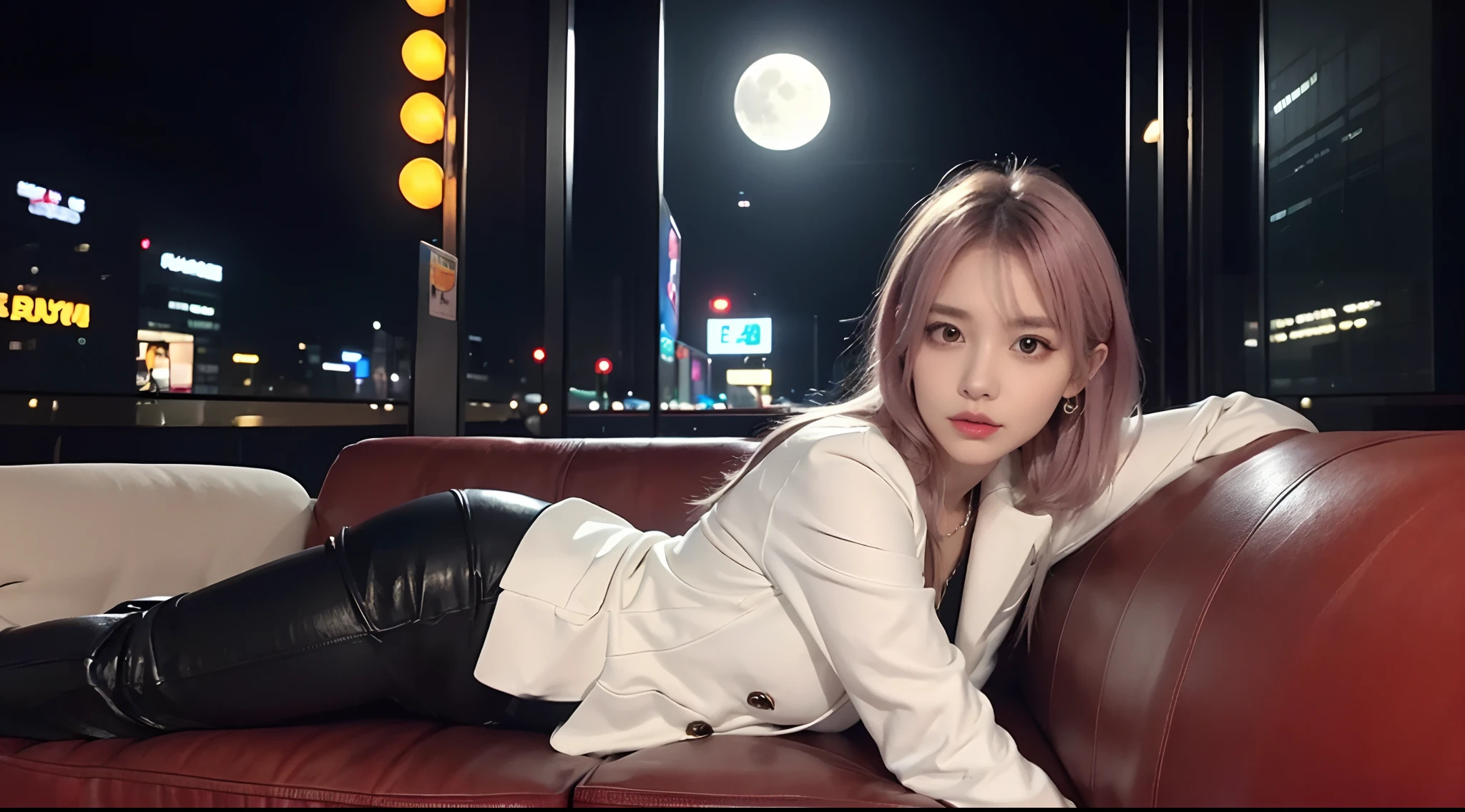 (((Lying on the couch)))，lucy \(Cyberpunk\), 1girll, hair scrunchie, hime-cut, Silver hair, colored tips, full moon, With gray eyes, Jacket, Long sleeves, view the viewer, Medium hair, O cabelo multicolorido, Bangs separated, lips parted, A pink-haired, Portrait, Red eyeliner, Redlip, Solo, White jacket, cyber punk perssonage\(Series\), Rainy night in neon-lit cyberpunk city，(A half body，中景 the scene is，Dew right shoulder)