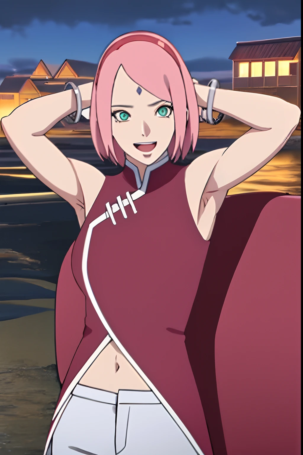 masterpiece, 4k, portrait, cowboy shot, (night), professional artwork, intricate details, colorful, digital blending, (ultra detailed body, ultra detail hair, ultra detail face), trending on pixiv, kind smile, best quality, anime style: 1.9, 1girl, hires, haruno sakura, (forehead mark, milf, red hairband, pale skin, (small breasts), short hair, ((red sleeveless dress,), white pants), ((navel, belly button), slender body, slender belly, bracelet, pink hair, open mouth, big eyes), smile, beach, wind, floating hair, detailed arms, off-shoulders, broad shoulders, ((both armpits , (both) hands up high)), fancy couch, relaxing, laying, talking, looking at the viewer, (showing both armpits))