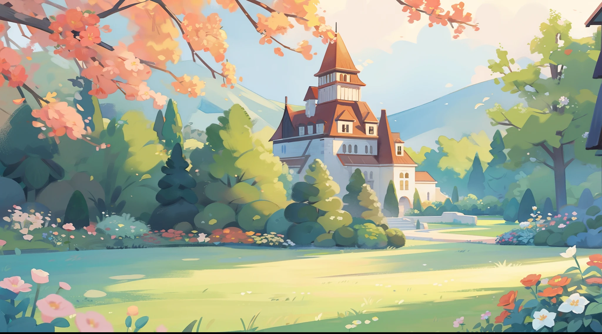 watercolor storybook illustration, warm autumn colors, intricate details, castle garden, flowers, bushes, trees, flower garden, plants, trees, beautiful, whimsical