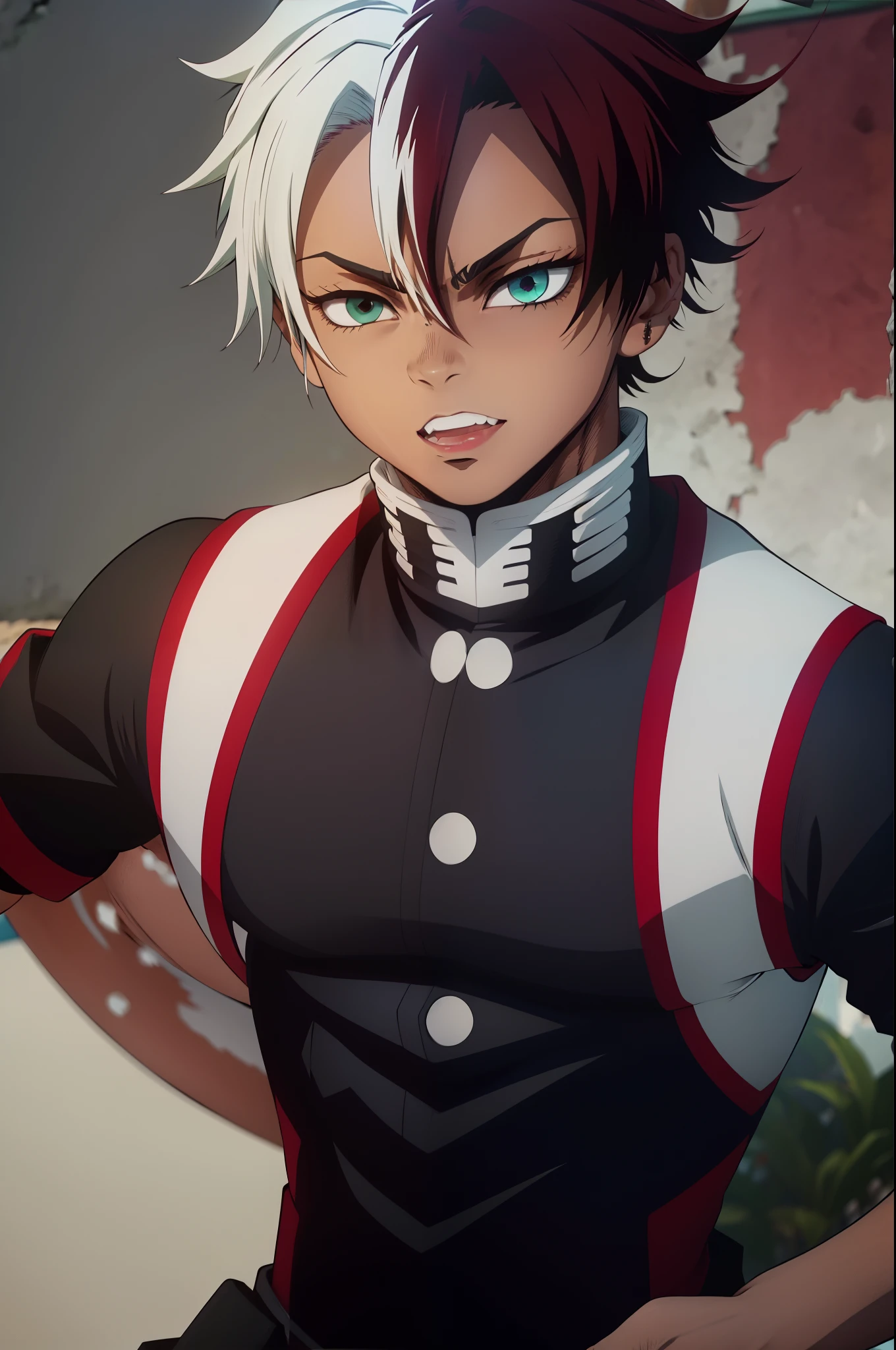 jovem negro, Uniform demon slayer, vento ao redor, Penteado todorok, cabelos pretos, Nichirin vermelho, Lutando, Bleach poses, olhos bonitos, Feliz, lindo, olhos negros, sorrir, boca masculina, olhos masculinos