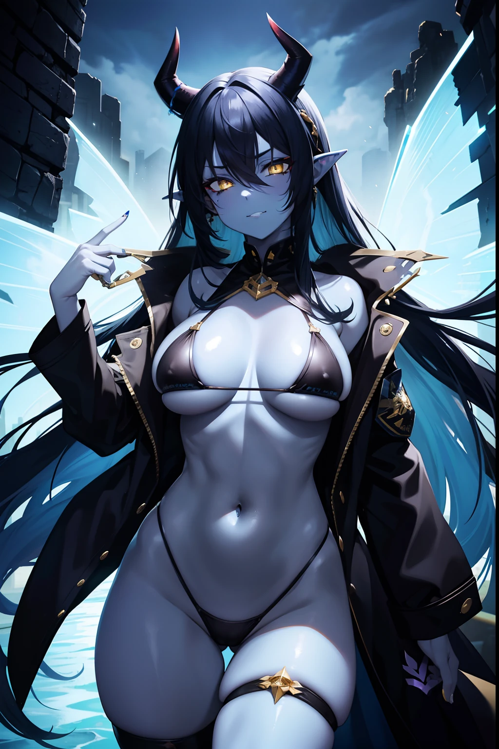 Female, blue skin, yellow eyes, black sclera, horns, navy blue hair, pointed ears, black micro bikini, smug