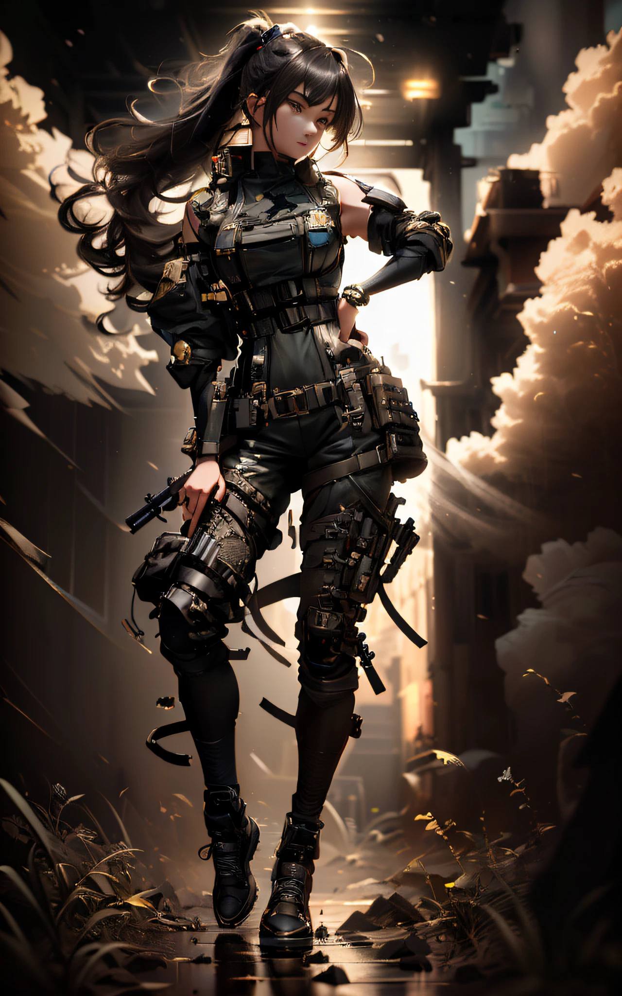 Anime girl with gun and gun in dark alley, Mechanized soldier girl, 3 d render character art 8 k, full body cgsociety, dieselpunk soldier girl, octane cgsociety, style of raymond swanland, wojtek fus, Stunning character art, cg society contest winner, cgsociety masterpiece, epic exquisite character art, cg society contest winner!!