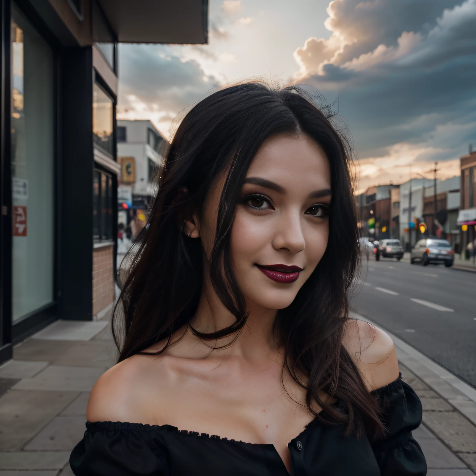 A beautiful girl, long black hair, wearing a black blouse, off shoulder, taking a selfie, looking at the viewer, smiling, wearing dark lipstick and soft eye makeup, egirl makeup, urban setting, outside, cloudy, dark atmosphere, (UHD, UHQ, realistic, best quality), studio lighting, instagram photo