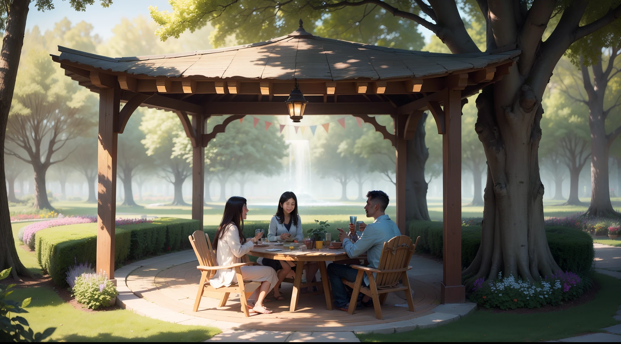 (best quality,4k,8k,highres,masterpiece:1.2),ultra-detailed,(realistic,photorealistic,photo-realistic:1.37),colorful, vibrant colors,soft natural lighting,serene atmosphere,beautifully detailed flowers,bright green foliage,lush vegetation,calm and peaceful ambiance,warm sunlight filtering through the trees,gentle breeze,people enjoying each other's company,happy faces,joyful laughter,meaningful conversations,deep connections,friendly interactions,harmonious togetherness,contentment and happiness,relaxing and rejuvenating,positive energy,scenic beauty,harmony between nature and humans.

Material: oil painting.
Additional details: butterflies flitting around, a delicate water fountain, comfortable seating areas, a picnic blanket filled with delicious food, colorful kites flying in the sky, children playing games, soft background music, a wooden swing hanging from a tree branch, artwork and sculptures scattered throughout the garden, a path leading to a gazebo.

art-style: outdoor scenery, social gathering, moments of connection.

Color tones: warm tones.

lamplight: soft natural lighting, warm sunlight filtering through the trees.

(Note: You can adjust the strength of keywords and add more relevant details as needed. Remember to follow the prompt format requirements mentioned earlier.)