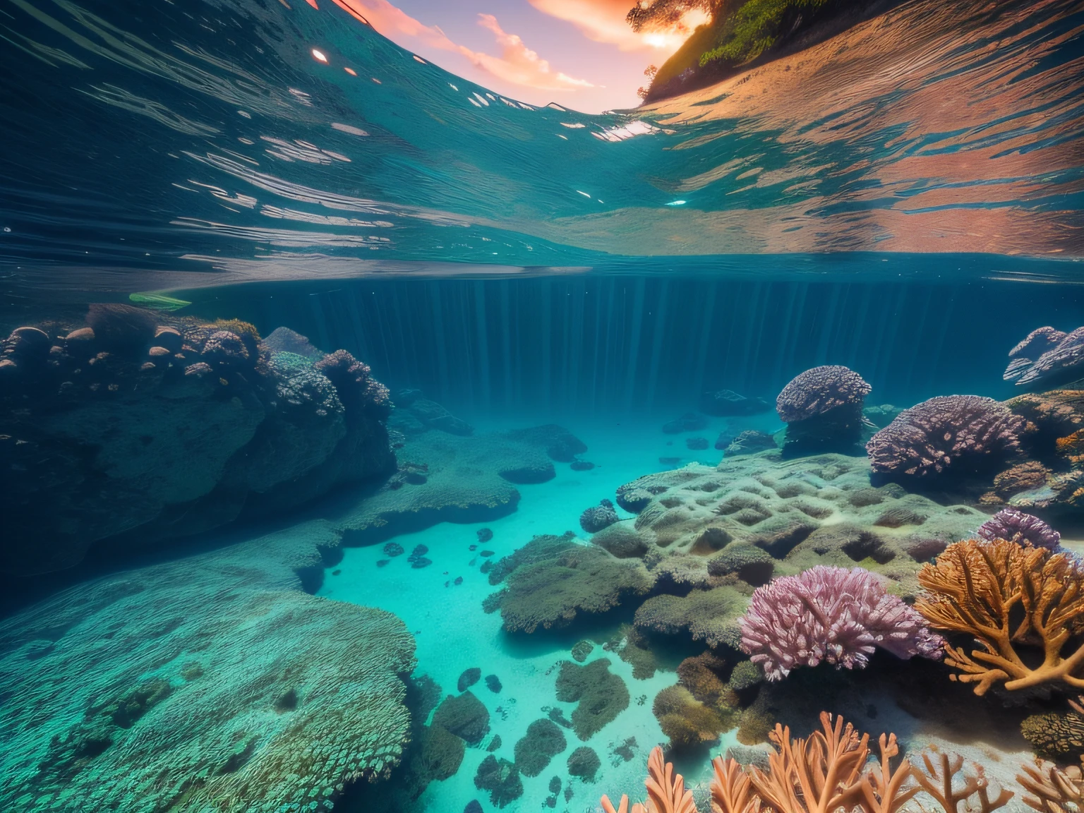 (best quality,highres,ultra-detailed,realistic),wooden table on the seafloor,beautiful island in the background,gorgeous blue sky,underwater scenery,crystal-clear water,sandy ocean bed,marine life,coral reef,swaying seaweed,dynamic waves,sparkling sunlight,serene atmosphere,oceanic serenity,lush green trees on the island,tropical paradise,vibrant colors,tranquil vibes,mesmerizing beauty,reflection on the water,aesthetic composition