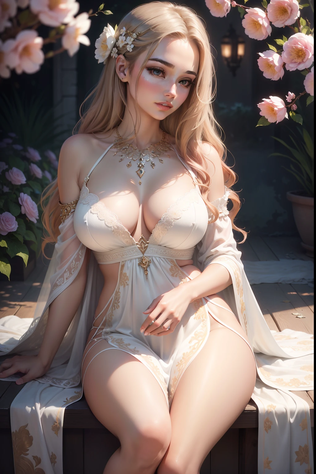 (best quality,4k,8k,highres,masterpiece:1.2), ultra-detailed, realistic:1.37, beautiful detailed eyes, beautiful detailed lips, extremely detailed eyes and face, long eyelashes, portrait, oil painting, vivid colors, studio lighting, bokeh, female, elegant, graceful, confident, fashionable, modern, stylish, charismatic, enchanting, charming, alluring, stunning, glamorous, captivating, attractive, radiant, sophisticated, exotic, mysterious, dreamlike, enchanting, ethereal, sophisticated, delicate, serene, mesmerizing, enchanting girl surrounded by blooming flowers in a lush garden, flowing dress, gentle wind caressing her hair, golden sunlight illuminating her elegant figure, subtle shades of pink and purple, soft and warm color palette, delicate brushstrokes, intricate details, mesmerizing depth and texture, realistic rendering, mesmerizing beauty, dynamic composition, a masterpiece that captures the essence of feminine grace and charm.