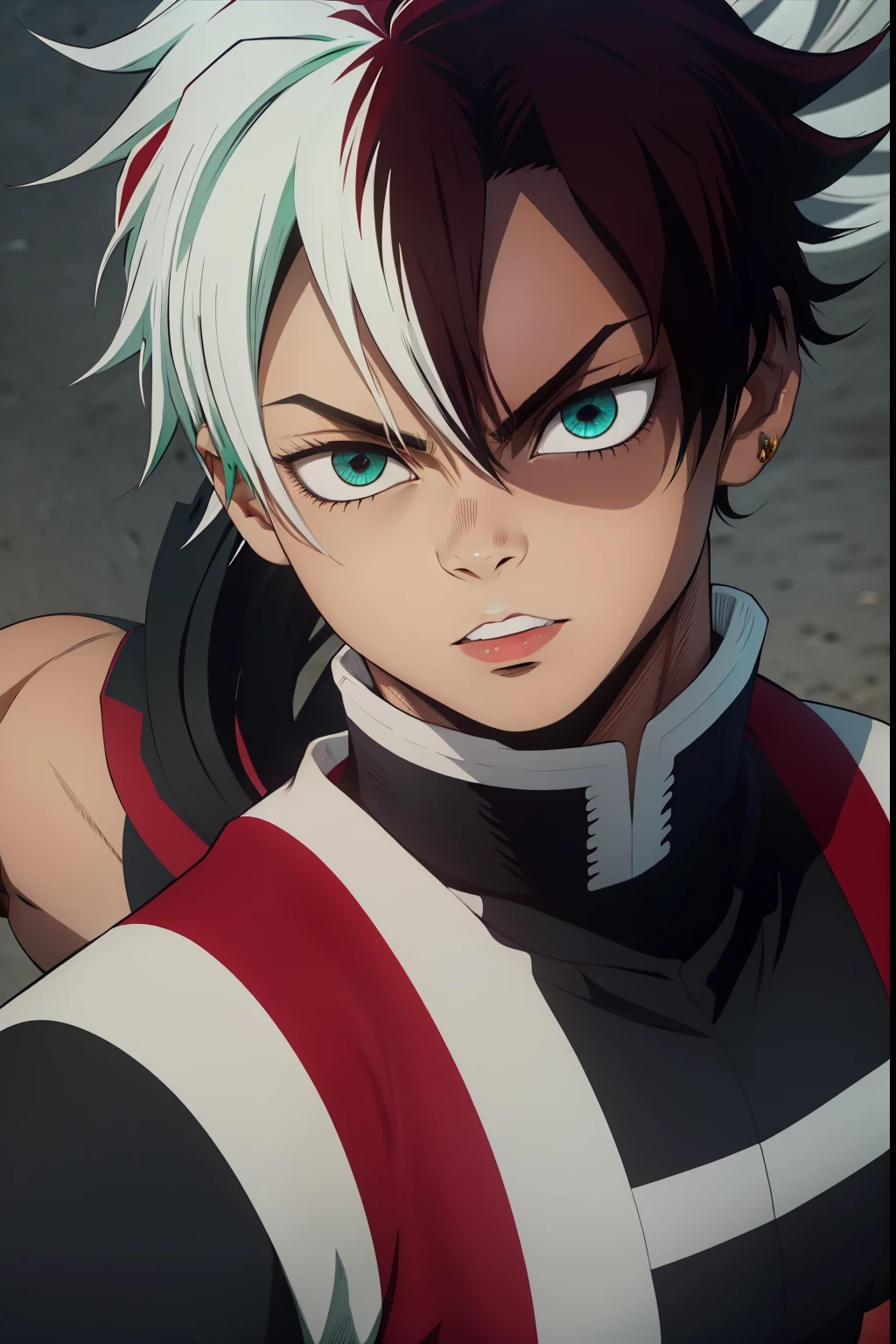 jovem negro, Uniform demon slayer, vento ao redor, Penteado todorok, cabelos pretos, Nichirin vermelho, Lutando, Bleach poses, olhos bonitos, Feliz, lindo, olhos negros, sorrir, boca masculina, olhos masculinos
