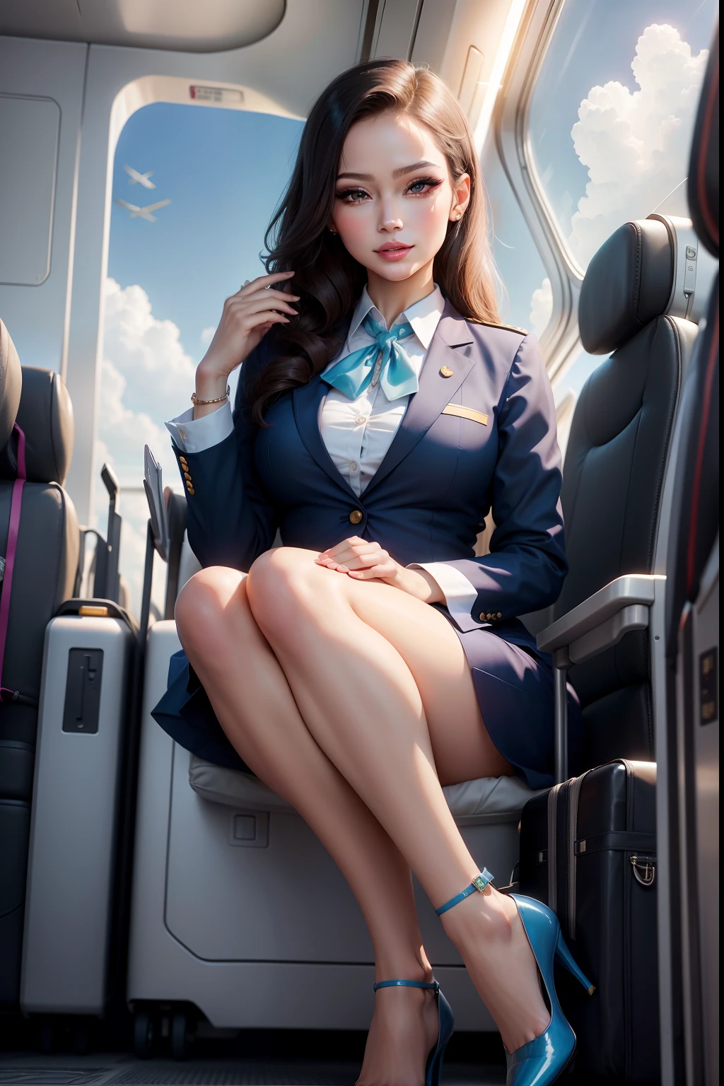 beautiful, stunning,stewardess, detailed eyes, detailed lips, detailed makeup, glamorous, elegant, confident, professional, stylish uniform, neat hairdo, friendly smile, high heels, airport runway, airplane in the background, clear blue sky, sunny day, vibrant colors, soft lighting, fashion magazine cover, high fashion, elegant posture, boarding pass, travel, adventure, luxury travel experience, first-class service, international flight, destination unknown, dream job