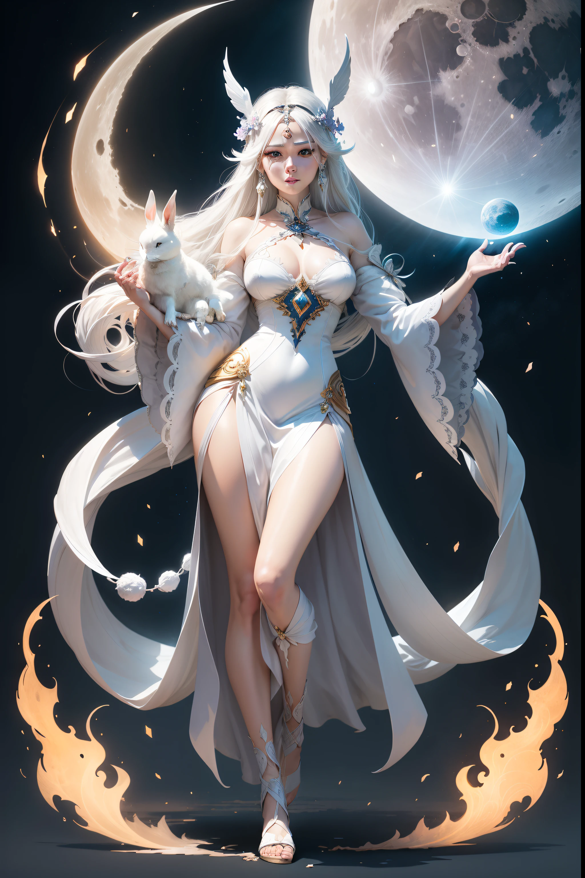 Moon goddess in beautiful dress. white dress, she is holding a white rabbit in her arms, art by mschiffer, mystical, she is enchanted, magical light, 32K resolution, top quality, dynamic pose, action pose, Xerven Livafiel, color fragment, sketchbook, hand drawn Graphic Sketch, Rough Sketch, Mix of Dark Bold and Loose Lines, Bold Lines, On Paper, ((Folded Character Sheet)), Full Length, Beautiful Theme, Partially Braided Flowing White Hair, Noble, Scattered Moon Stones, Including everything from headdress to toes, Black without Moon Background,