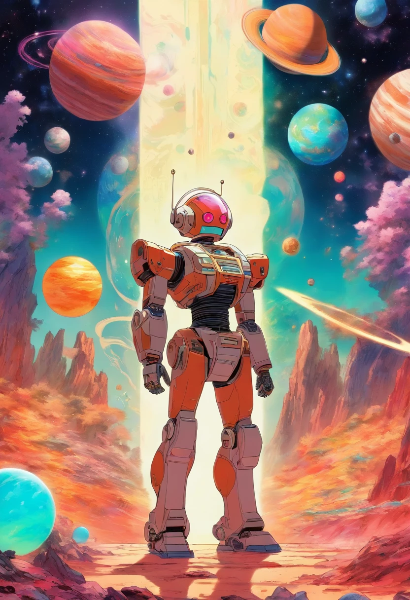 there is a robot standing in front of a painting of planets, 7 0 s sci - fi art, retro sci - fi art, vintage sci - fi art, 8 0 s sci - fi comic art, 7 0 s science fiction art, 70s sci-fi, 1 9 8 0 s retro sci - fi art, pastel colors