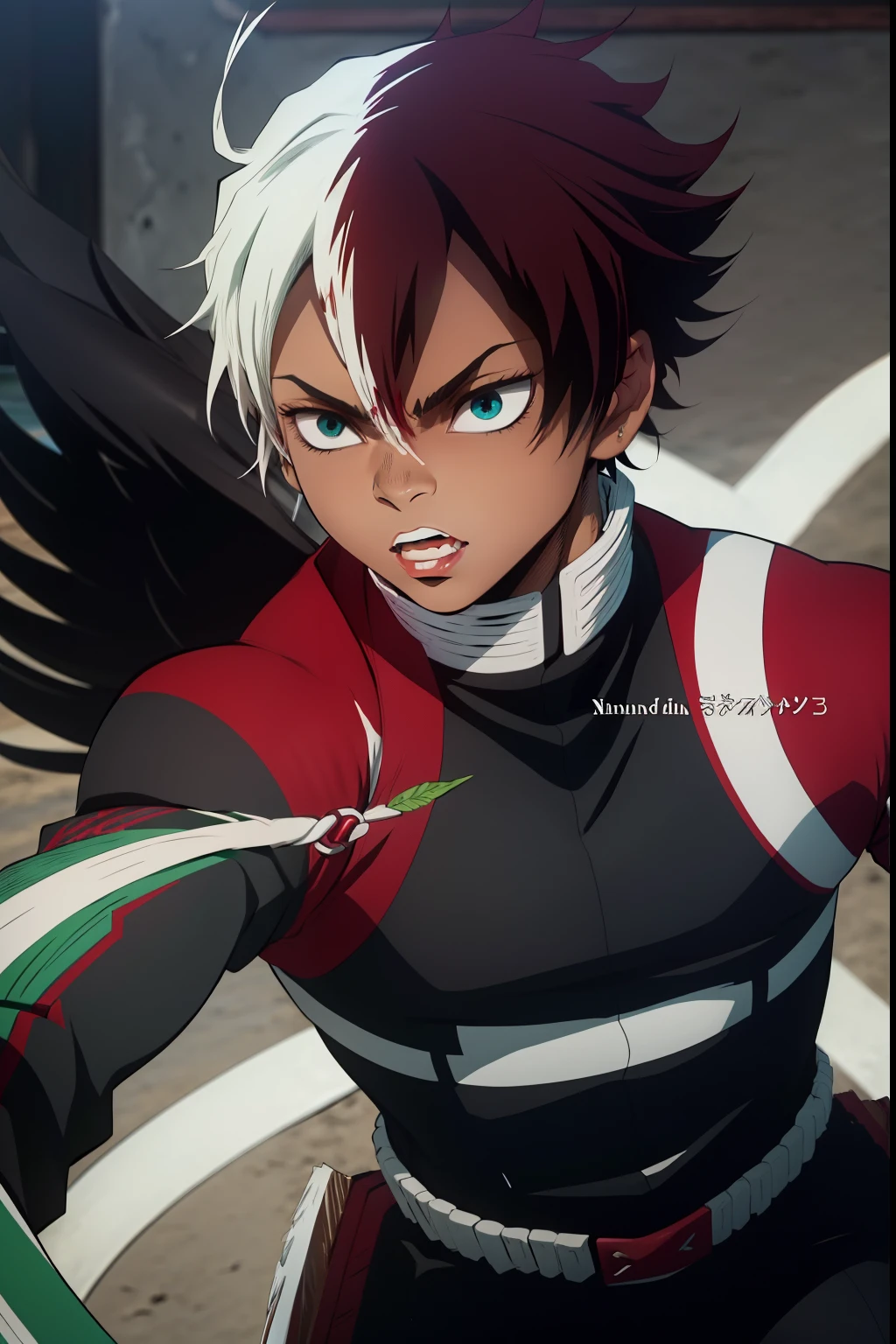 jovem negro, Uniform demon slayer, vento ao redor, Penteado todorok, cabelos pretos, Nichirin vermelho, Lutando, Bleach poses, olhos bonitos, Feliz, lindo, olhos negros, sorrir, boca masculina, olhos masculinos