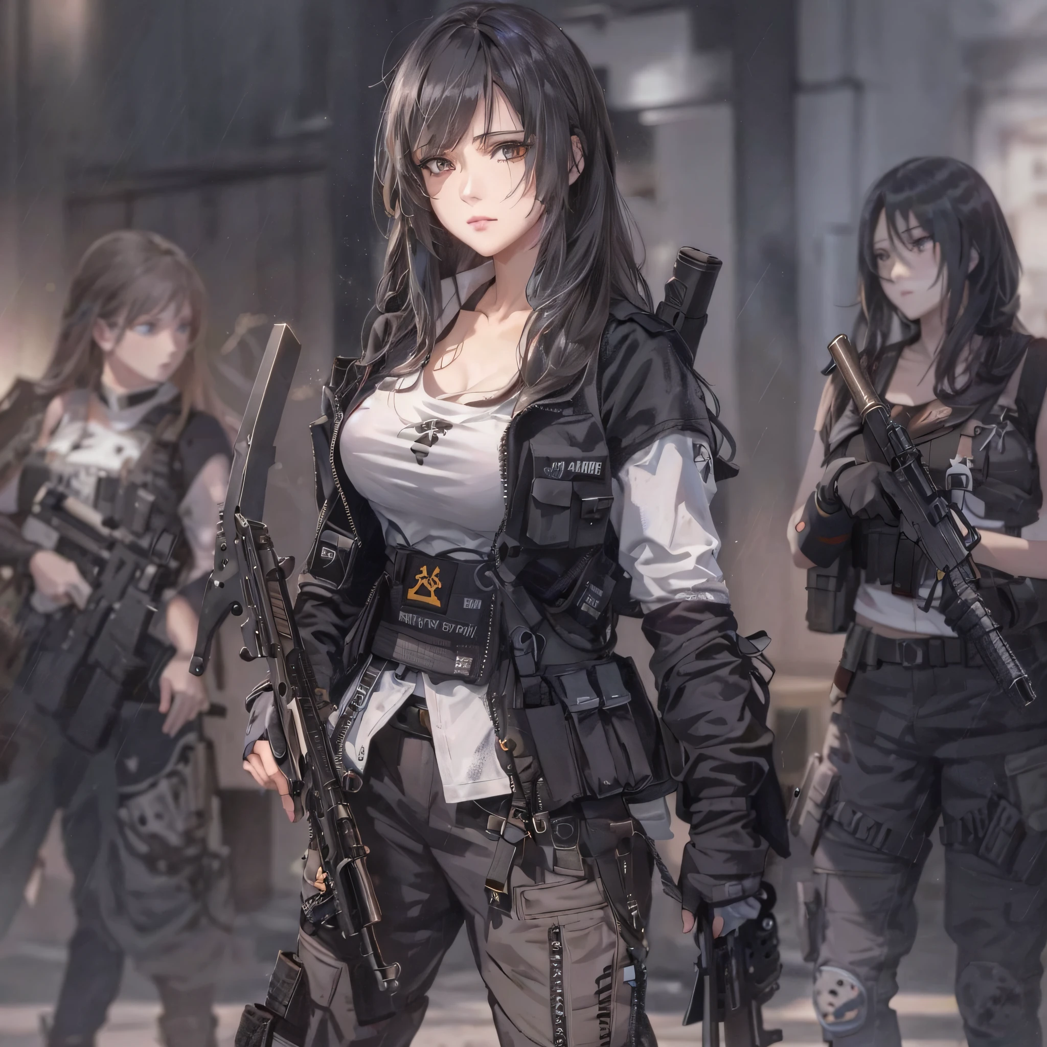 Three women with guns stand side by side, M4 Sopmod II Girls Frontline, girls frontline style, artwork in the style of guweiz, Mechanized soldier girl, from girls frontline, girls frontline cg, by Yang J, guweiz, inspired by Leng Mei, badass anime 8 K, wearing techwear and armor, infantry girl, Game CG